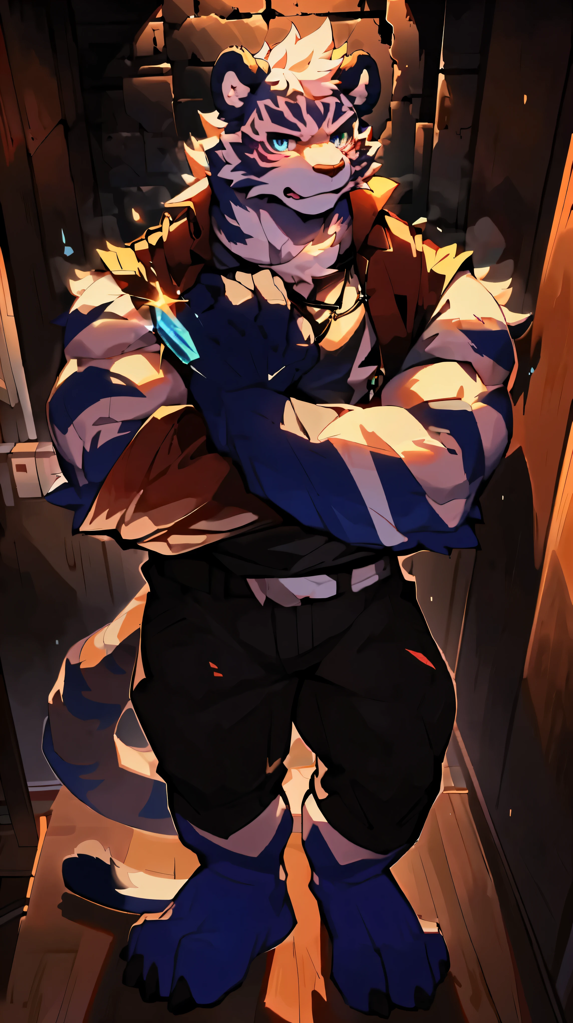 hairy,((wall shot 1.4)),Ultra-clear,16K,facial clarity,Bright Eyes,exquisite eyes,loopholes'eye view,focus only,Cats,White Tiger,male,juvenile,student,young,tough guy,white fur,black strips,blue eyes,tall and strong,body muscles,Large pecs,powerful biceps,Thick tail,Thick arms,generous animal feet,Show your fangs,Handsome,looks very sunny,Physically strong,Exquisite appearance,Strong and domineering,humble,Lovely,Sexy,Provocation,hormones,half naked,no clothes,no shirt,underwear,barefoot,no shoes,sweating,intoxicated,giggle,blush,lust,looking at the audience,provocative,tease,erect,Tempting