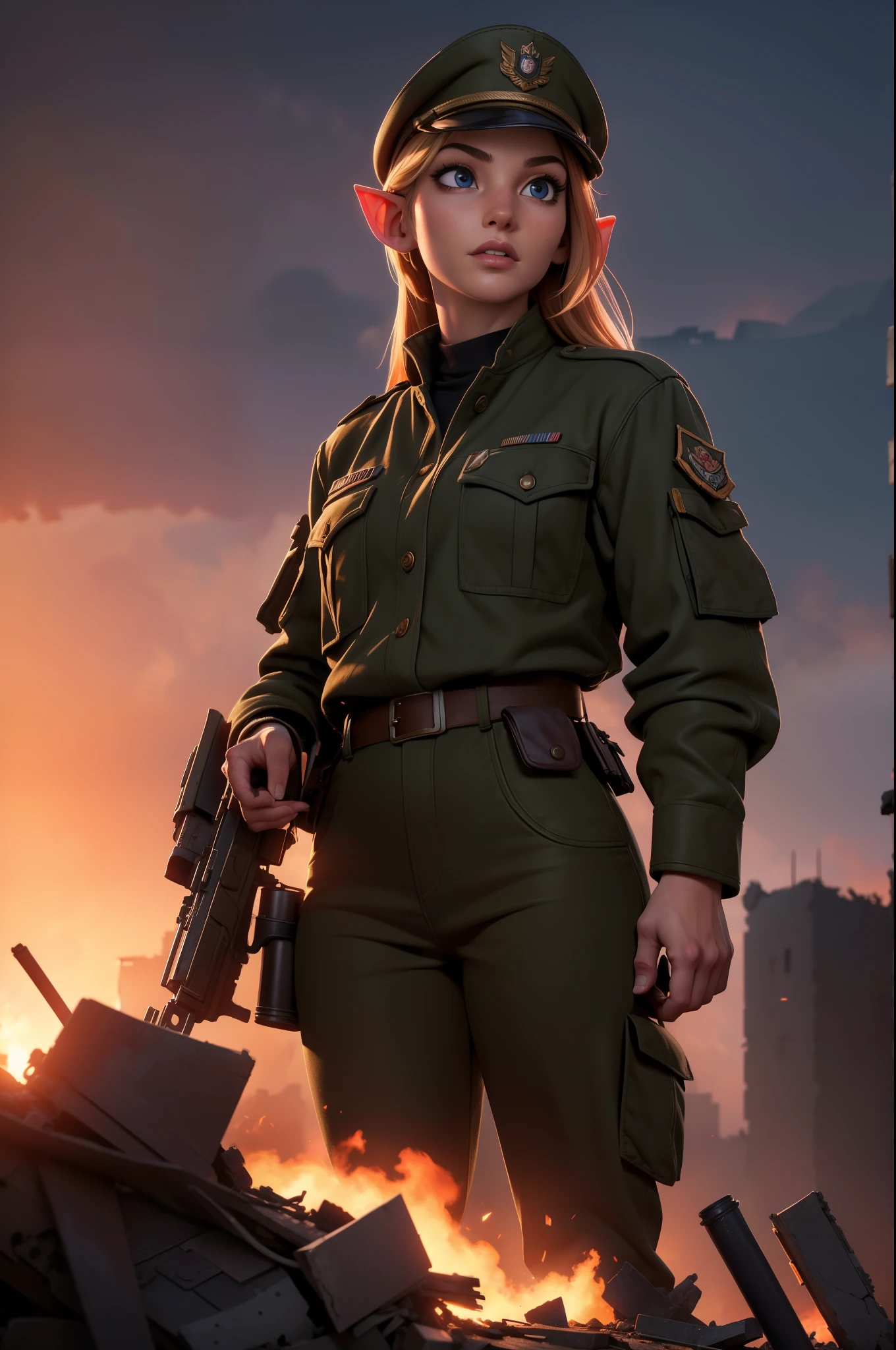 (best quality,4k,8k,highres,masterpiece:1.2),ultra-detailed,(realistic,photorealistic,photo-realistic:1.37),Elf girl in modern military uniform suit, military jacket, military pants, military boots, beautiful detailed eyes, beautiful detailed lips, extremely detailed eyes and face, long eyelashes, confident expression, military cap, standing in a war-torn city, destroyed buildings, rubble, smoke, flames, dramatic lighting, sunset colors, atmospheric perspective, gritty feel, concept artists.