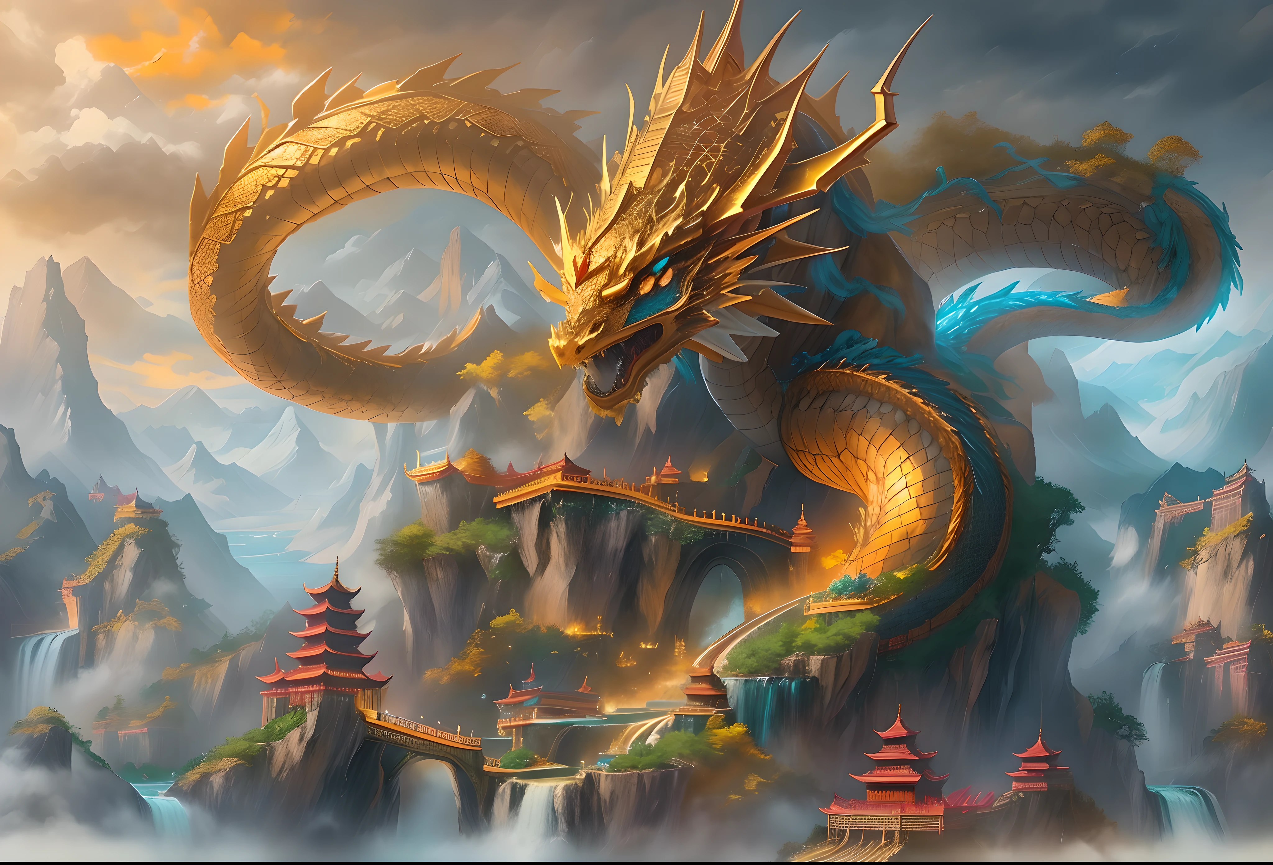The background is a painting of a dragon in a waterfall, Chinese dragon概念艺术, golden dragon, Dragon as background, 青色Chinese dragon幻想, dragon art, dragon oil painting, drank, Chinese fantasy, legendary dragon, 光滑的Chinese dragon, majestic japanese dragon, epic dragon, author:Arthur Penn, author:Yang Jie, by Shen Quan, Chinese dragon