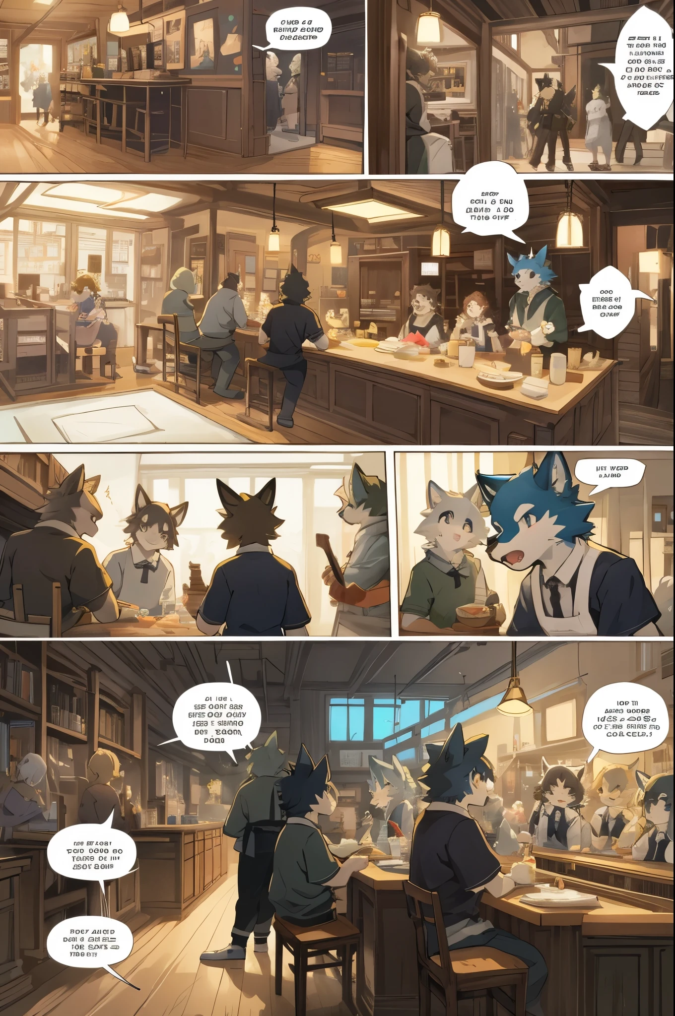 top quality, best quality, highres, masterpiece, super high resolution, detailed background, Casual reutaurant interior, part-time job, waiter, 6+boys, 6+girls, absurdres(highly detailed beautiful face and eyes)perfect anatomy, good lighting, cinematic shadow(kemono, furry anthro)assorted expressions, assorted poses, assorted angles, full body, upper shot, dynamic angle(girls comic-like panel layouts, speech balloon, English text, Hand-drawn sound effects stickers used in girls comic),