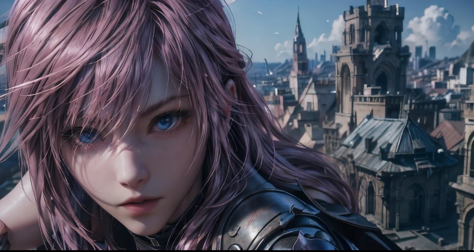 Ultra-realistic capture, Highly detailed, High resolution 16k close-up of human skin、 dark pink hair、red purple mesh、blue eyes、 wield a sword、 Rin々Nice face、Background of a collapsing city