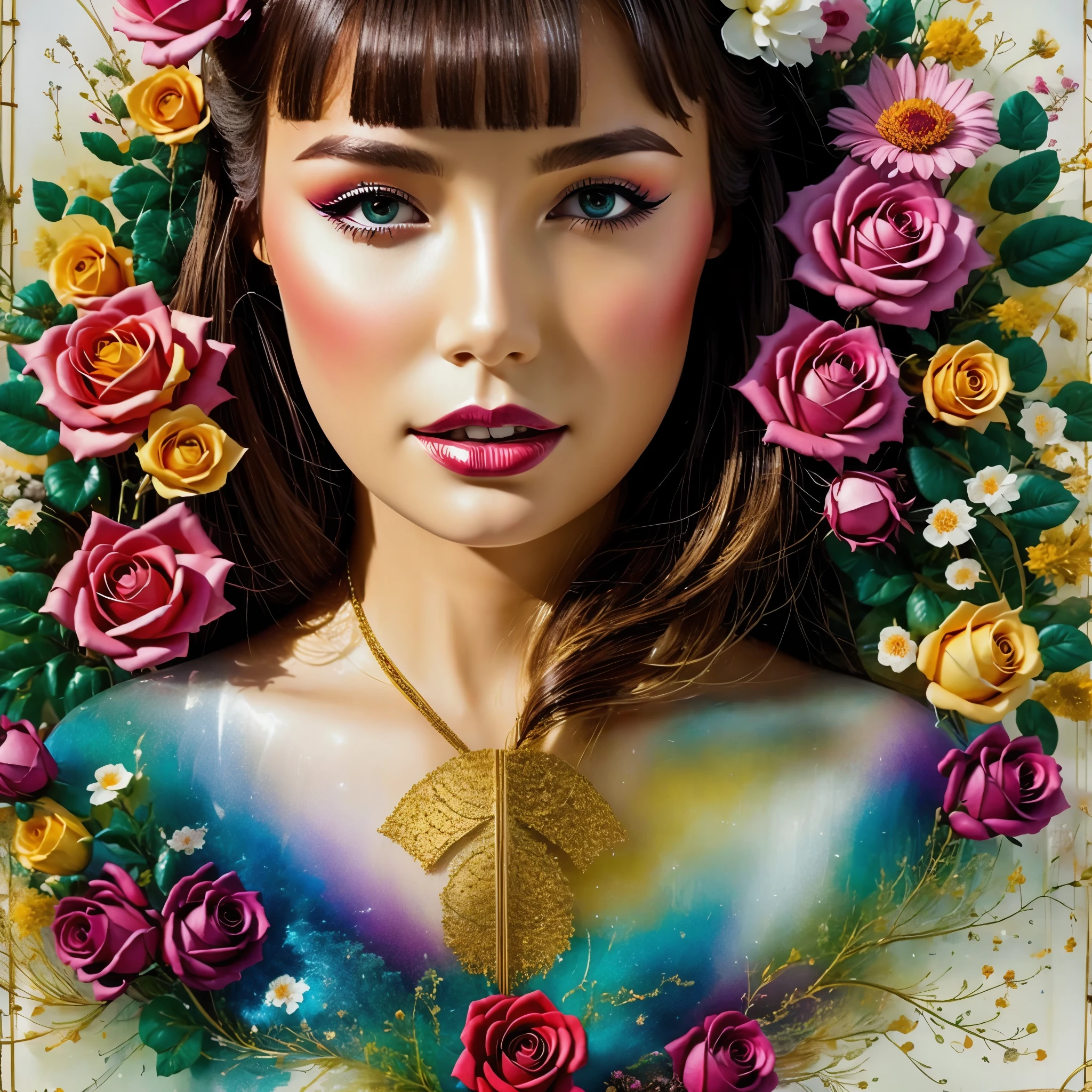 Charlie Bowater Realistic Lithograph Woman Sketch Portrait, flowers, [gear], pipeline, dieselpunk, Multicolored ribbons, old paper texture, Very detailed