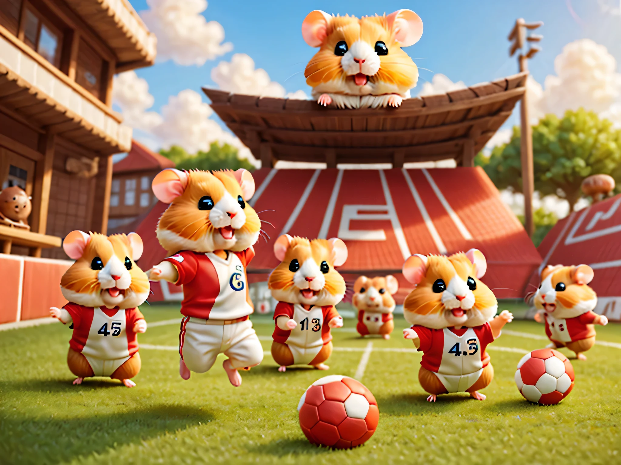 (hamsterサッカー),サッカーボールとhamster,Run,soccer uniform,Soccer stadium background,masterpiece,highest quality,Fluffy hamsters,all displayed,Chibi,cute,,fun,anatomically correct,The cutest hamster,,hamster,