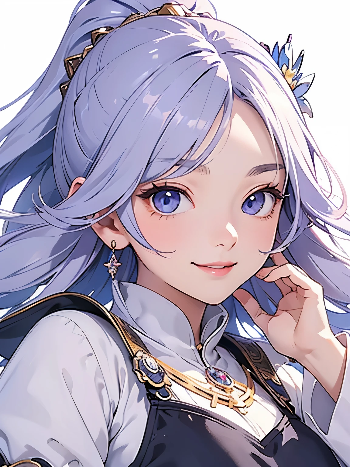 Anime girl, smiling, HD, fully detailed, looking at viewer, front view. Cool. Good pose. White background. Face only. Face close up picture. Fantasy. Full detailed. Masterpiece. Fantasy clothes. Pastle colours, soft. Magicak.