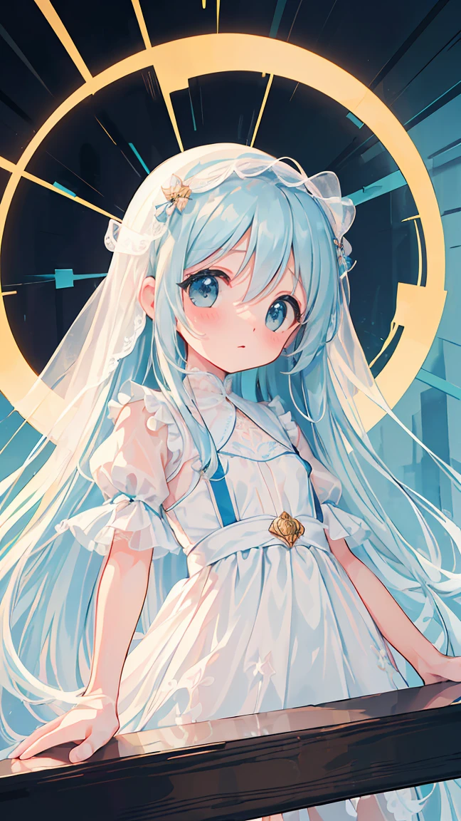 masterpiece, best quality, extremely detailed, (illustration, official art:1.1), 1 girl ,(((( light blue long hair)))), light blue hair, ,10 years old, long hair ((blush)) , cute face, big eyes, masterpiece, best quality,(((((a very delicate and beautiful girl))))),Amazing,beautiful detailed eyes,blunt bangs((((little delicate girl)))),tareme(true beautiful:1.2), sense of depth,dynamic angle,,,, affectionate smile, (true beautiful:1.2),,(tiny 1girl model:1.2),)(flat chest)), ((masterpiece, best quality, extremely detailed, absurdres)),,looking at viewer,((small breasts)),beautiful jpn-girl, (best quality:1.2)solo, Cinematic Light、【emblem:Irridescent color 】、, {{{official art}}}, , absurdres, absolutely resolution, incredibly absurdres, highres,
very tight lingerie and suspenders perform erotic bondage games in church, (((Absolute full-length images,front-facing view))),lace decoration ,Bridal veil, In a church、wedding hall、Exudes magic，
,light smile、standing, 