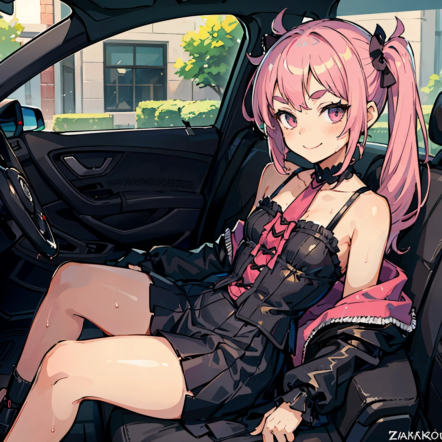 Girl with pink hair, long twin-tail hairstyle, small bushy eyebrows, dressed in gothic lolita outfit, lolicon (Zankuro) drawing style by zankuro artist, Zancrow style, image uploaded to R34, flirty smile ,  moving her skirt to show her wet vagina with semen, sitting inside a car