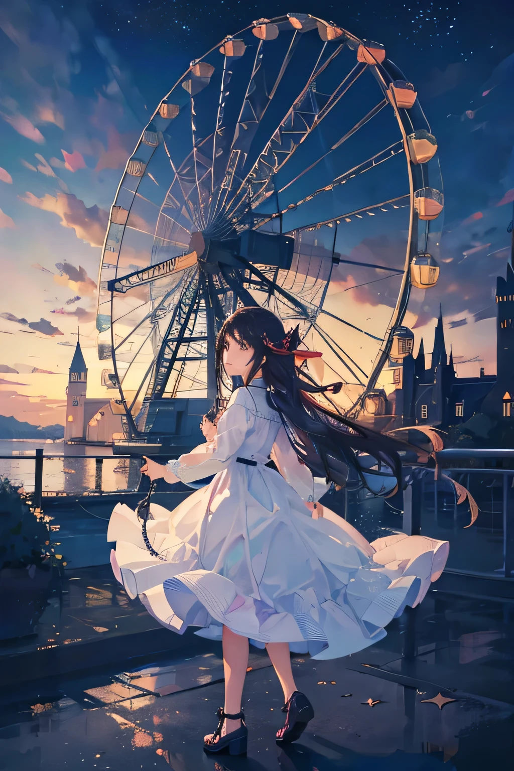 Ferris wheel，little girl，sky full of stars，a castle