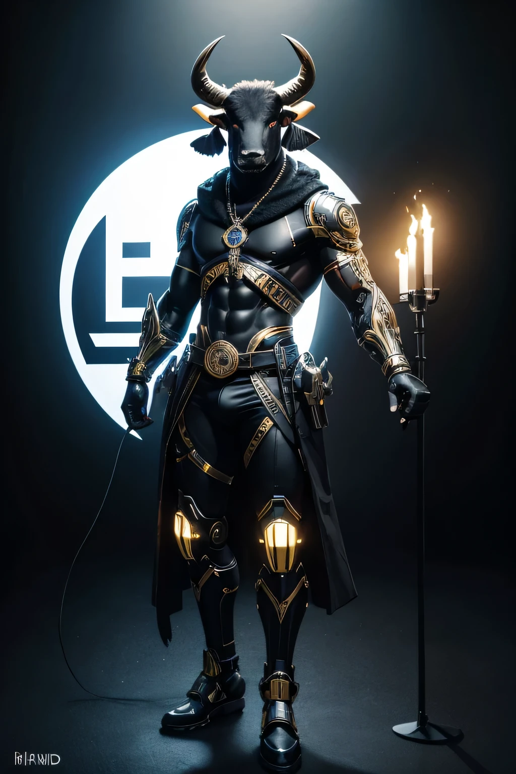 Anthropomorphic black bull
Prompt
Anthropomorphic black bull, full body portrait, with sheep listening around; holding microphone, medallion on horns, cyborg joints, one yellow and one dark blue cyborg eye, posing in front of Israeli flag, three-dimensional design, sharp focus, intricate details, studio photo, Artstation' In trend, true-to-life photography, highly detailed, ultra-clear.