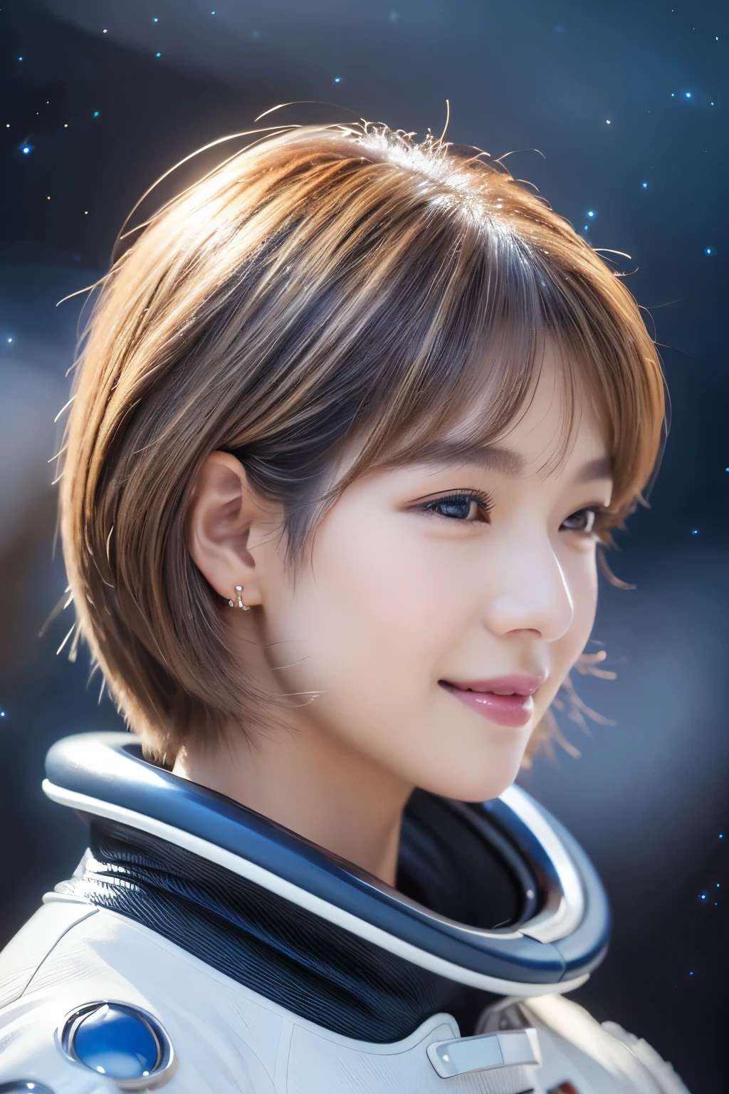top-quality、masterpiece、超A high resolution、(realisitic:1.4)、Beautuful Women1、Beautiful detail eyes and skin、ssmile、Light brown short-cut hair、The perfect spacesuit、spaceships、cosmic space、iced&Snow Planet、cloudy ash sky