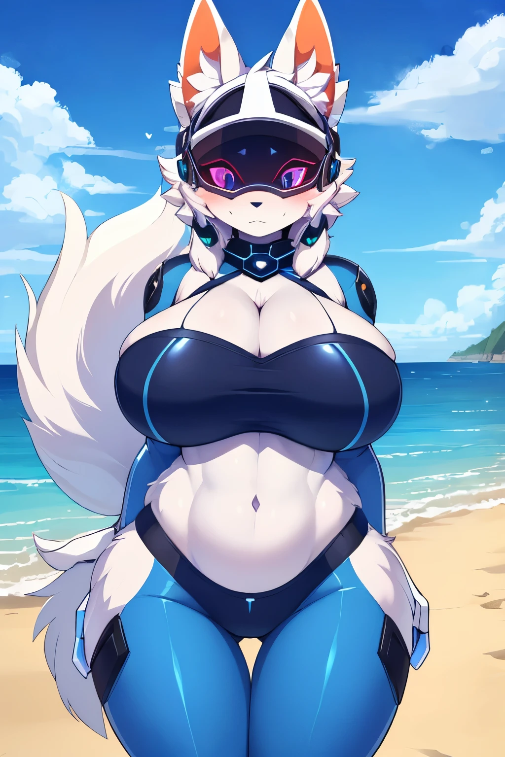 ((best quality, masterpiece, perfect anatomy, detailed picture)), 1female, arctic protogen, long visor, blue visor, sexy body, big breasts, futuristic juggernaut clothing, fluffy tail, red blushing, shy, in the beach, front view