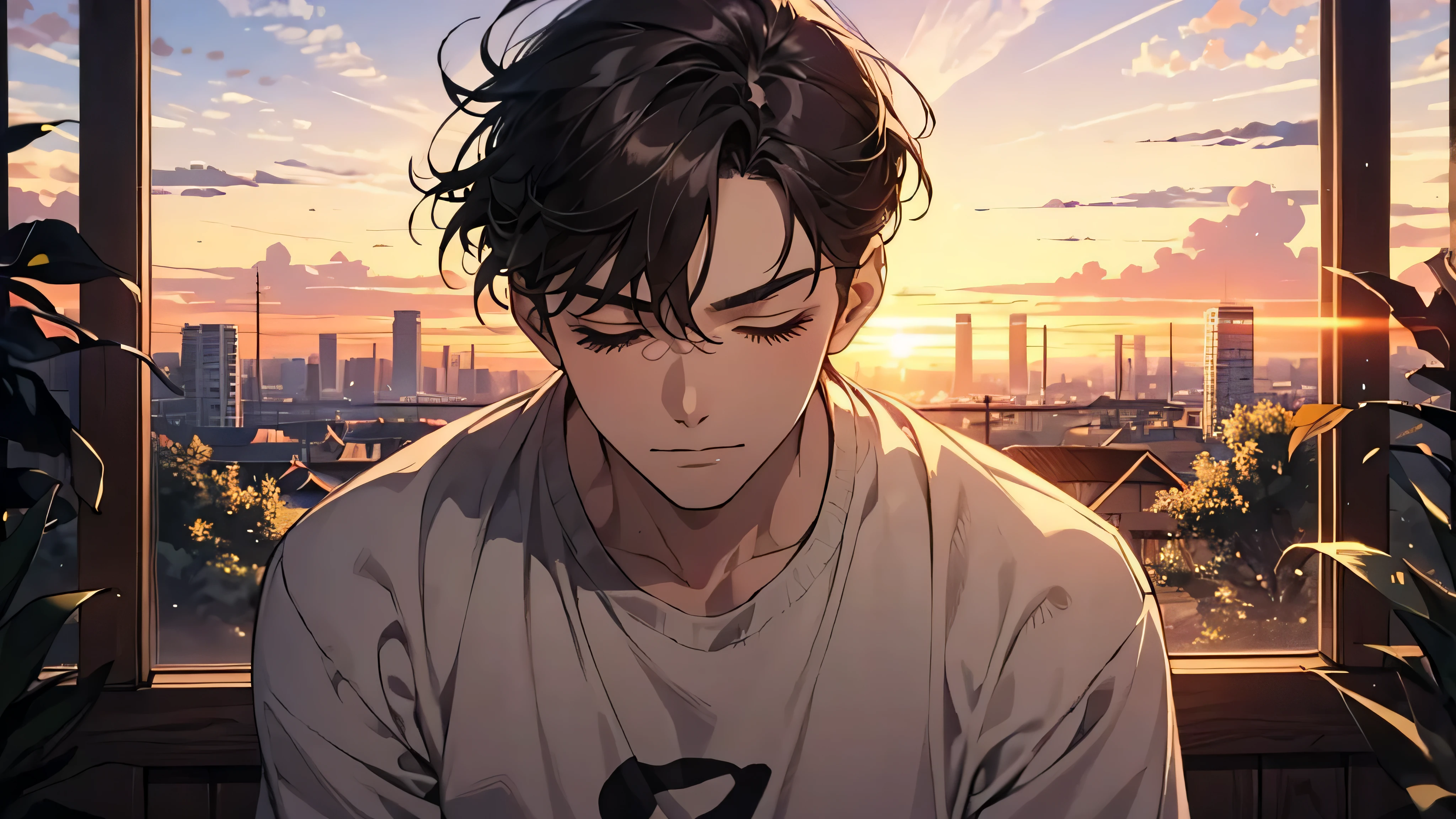 ((masterpiece,best quality)), 1 man with his eyes closed, alone, adult, amazing, Beautiful and detailed face, staring at sunset, sunset, half shot, casual