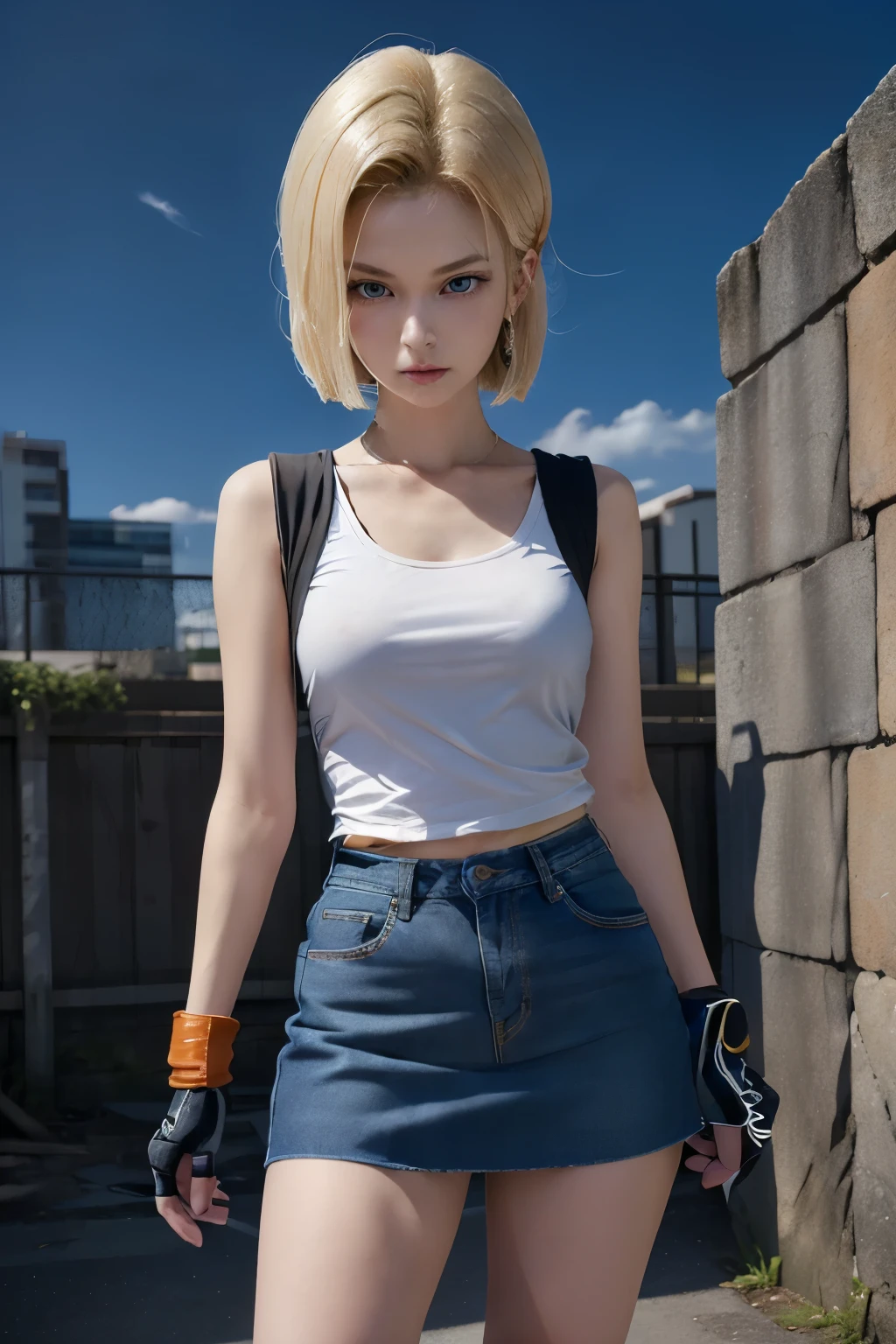 Anime Dragon Ball Android 18、highest quality、masterpiece、real、high resolution、jeans mini tight skirt、sharp eyes、Light Blue Eyes、real人造人間18号