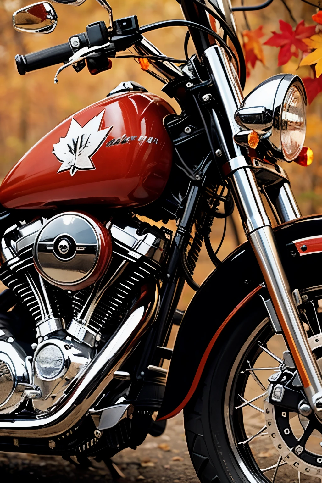 Harley motorcycles，close-up，punk style，maple leaf background，