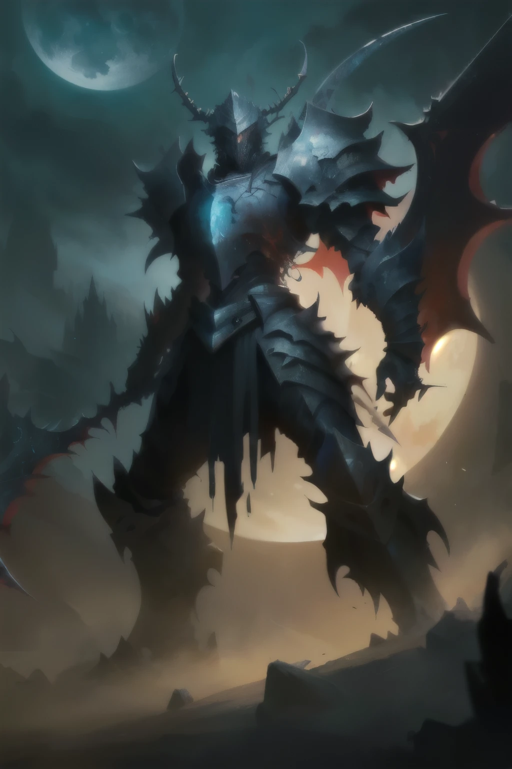 a close up of a person holding a scythe under the moonlight, epic fantasy art style, blood knight, dark fantasy style art, epic fantasy art style hd, epic fantasy digital art style, berserk skullknight black armor, evil knight, dark souls art style, epic fantasy style art, 4k fantasy art, dark warrior, dark fantasy artwork, 8k fantasy art