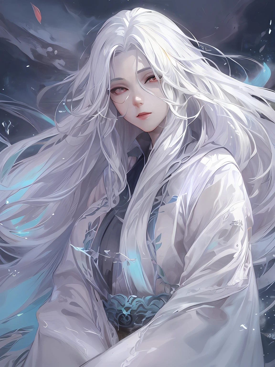 pixiv contest winners, fantasy art, White-haired God, beautiful figure painting, Gouves style artwork, Nvxue’s dazzling gaze, guweiz, long white hair, flowing hair and gown, cute big eyes, illustration, fine lines, Dark