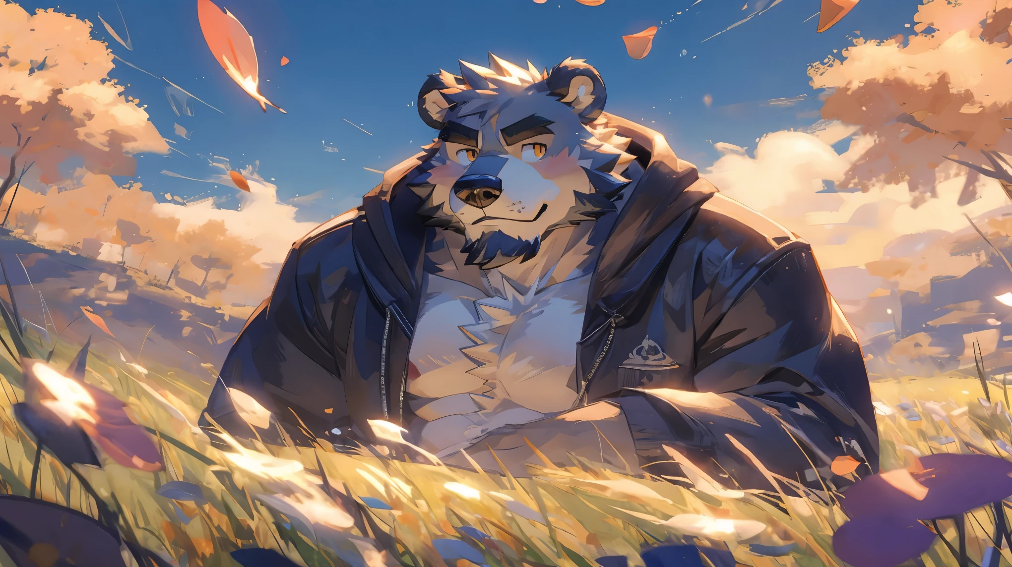 (masterpiece:1.2), best quality,pixiv,official art,(Ray tracing, light), (flower petal in the sky :1.3), (1_male:1.3), (solo:1.2) , portrait , (muscle), (gray fur:1.4), (muscle bear), (bear tail), (beard:1.2), (gleaming golden eyes), Thick eyebrows, open hoodie, naked inside, cargo shorts , Salar de Uyuni ,reflection, looking at viewer, full body ,beach , sea , sunny