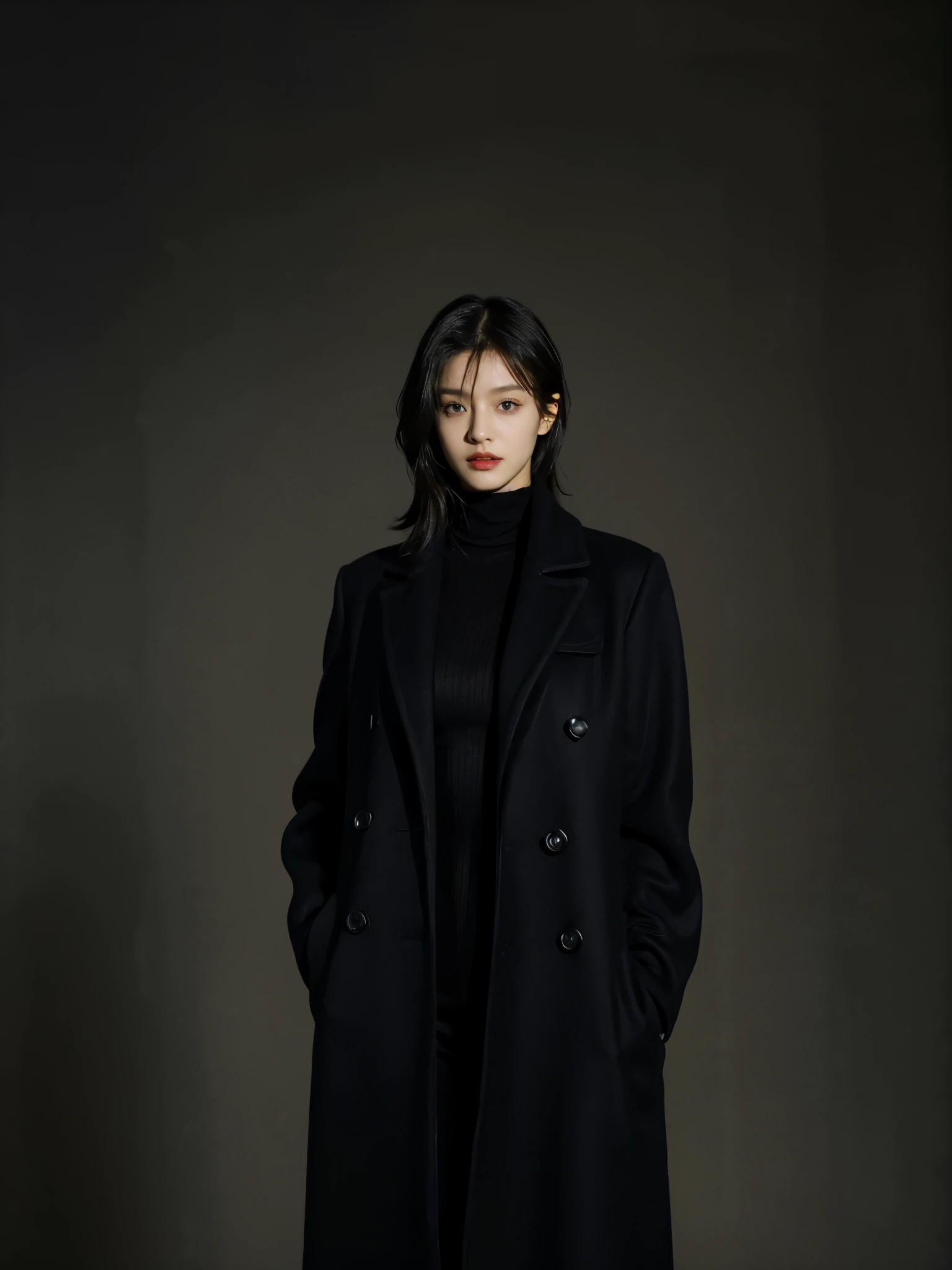 Best quality at best,tmasterpiece,ultra high resolution,(realness:1.4),RAW photogr,Cinematic texture,1 cool girl,Tall and tall，Dressed in turtleneck，black long coat，standing in the plain background，looks into camera，fashion photoshoot, fashion model, black bob hair, gorgeous eyes