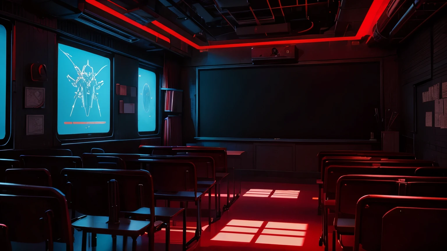 Teacher, learning, class room, student, Scifi, Dark fantasy style, Red neon, dark tone, hardware, robot, red hologram