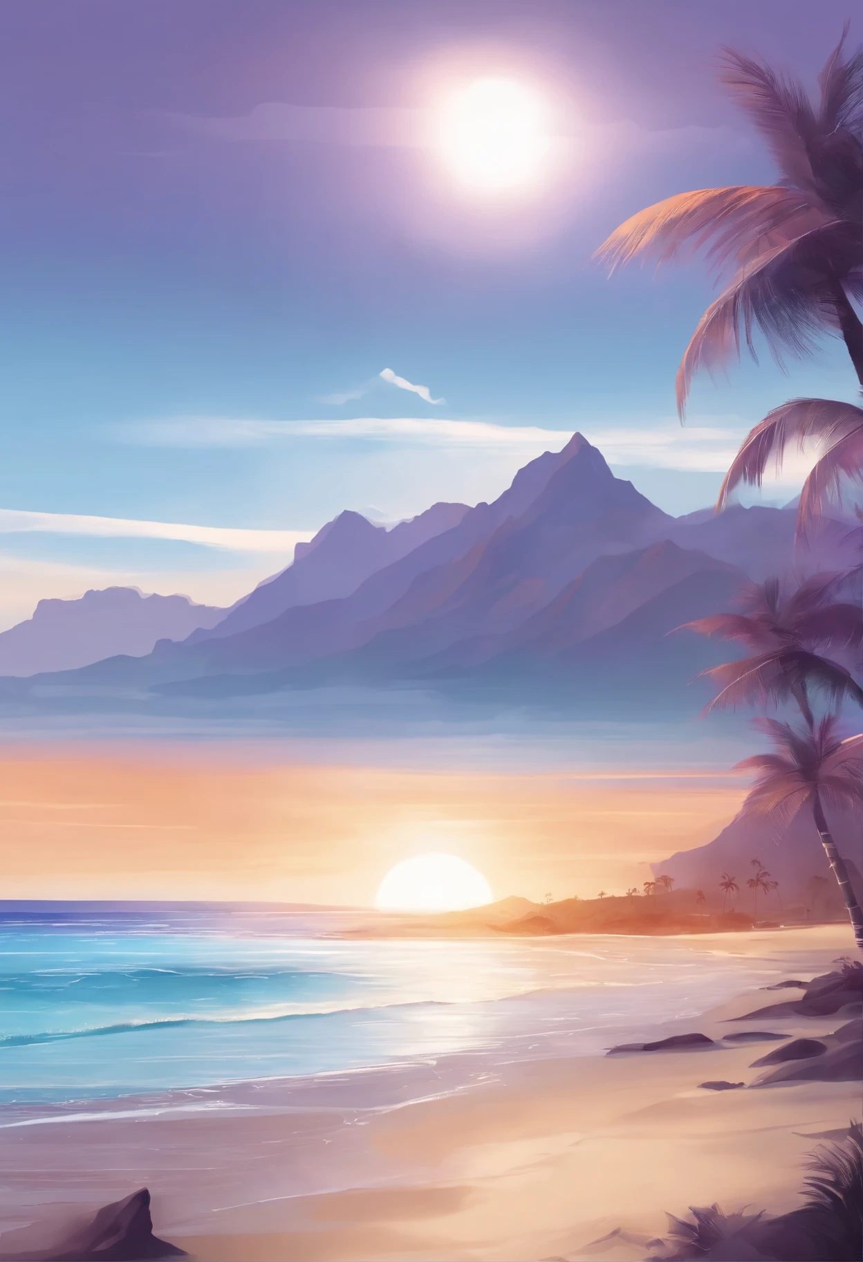 Draw a beach with smooth white sand on the ocean shore, mountain ranges are visible in the distance, surf strip in the frame, rays of sunlight in the afternoon, Anime style, gray orange and purple shades