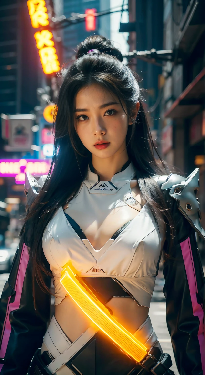 Generate hyper realistic image of a lone girl immersed in a cyberpunk world with long, flowing black hair. Most beautiful, beautiful face, sexy, very adorable. Her medium-sized breasts are subtly revealed through a fashionable ensemble with a prominent cleavage. The focus is on her upper body adorned with a glowing tattoo that emanates a vibrant purple hue, Neon light. A-mecha musume armor suit, neon bra, In this futuristic scene, she faces the viewer with captivating lips, surrounded by the neon lights of a cyberpunk city.