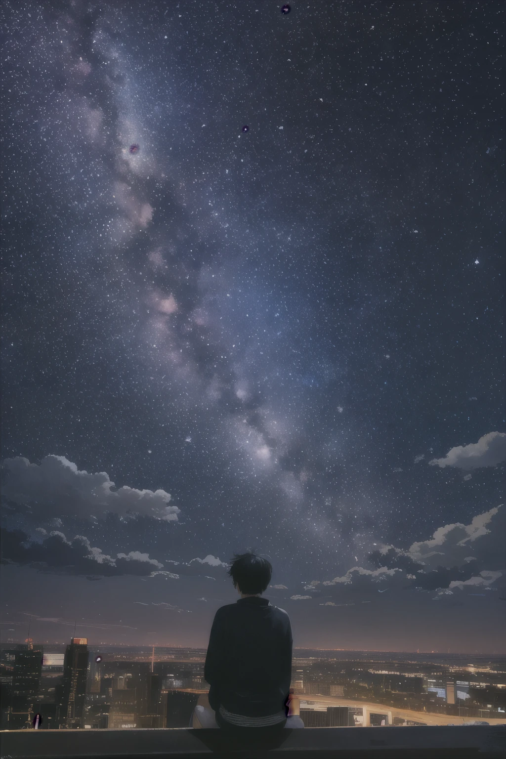 octane, null, star (null), scenery, starry null, night, 1 boy, night null, alone, outdoor, building, cloud, milky way, sitting, wood, short hair、black hair、leather jacket, city, silhouette, cityscape