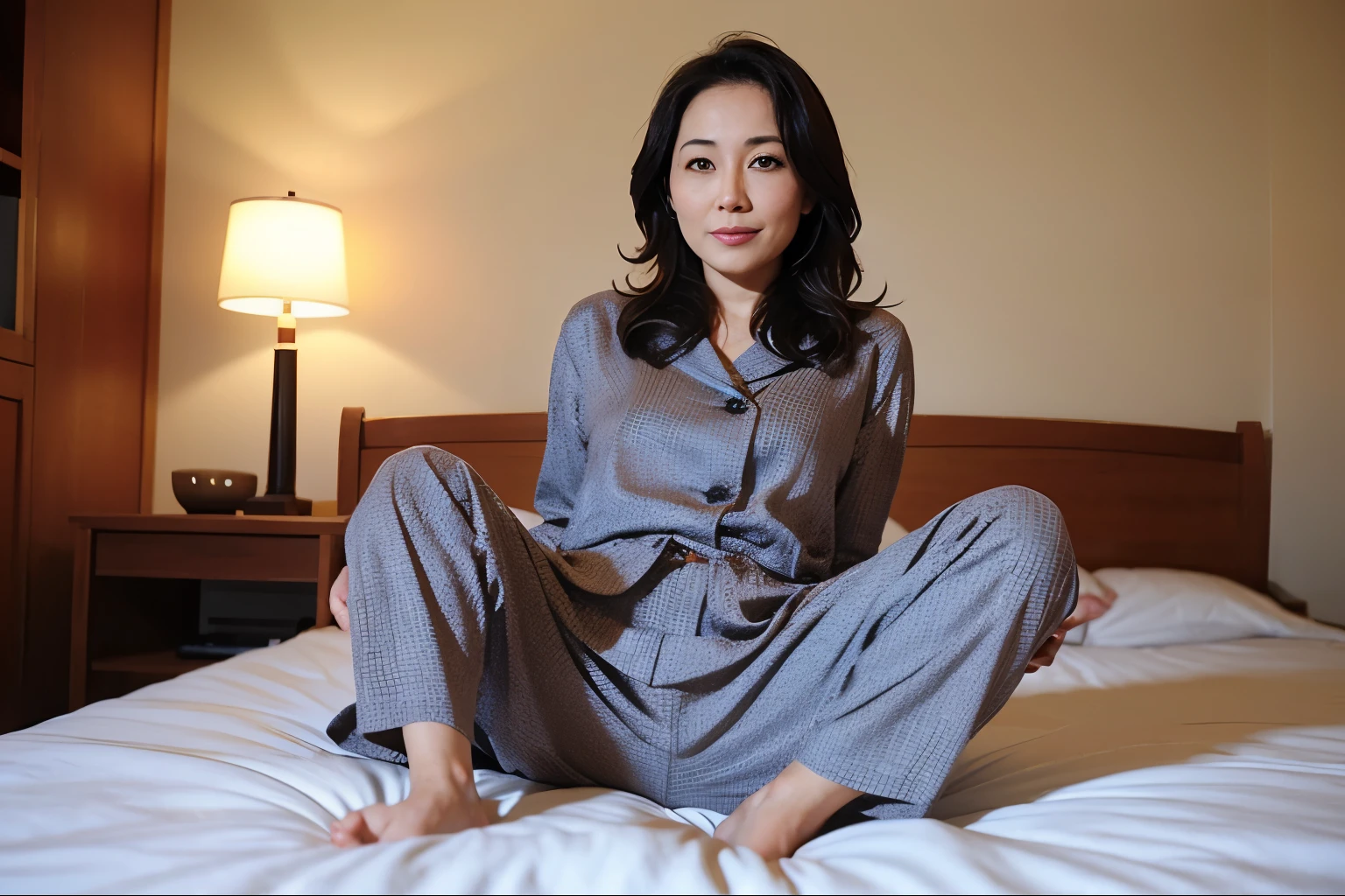 ((top-quality、8K分辨率、tmasterpiece、Portrait:1.3)), Photorealsitic, 35㎜ film, 1 Japan Woman, Beautuful Women, 47 years old, Shorthair, Wrinkles at the corners of the eyes, Plump body, ((The posture of the panties can be seen :1.5)) , (Pajama shirt: 1.3), Chaotic background, deep dark background, Messy room,No pants, No underwear