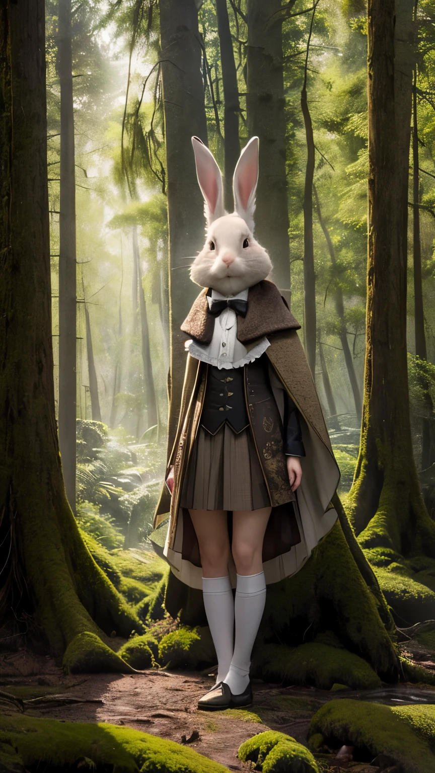 masterpiece、highest quality、8K、High resolution、super detailed、Big tree、Deep woods、tree with intricate leaves々、faint light、fantasy、Correct rabbit description、Mysterious rabbit、bipedal rabbit、Rabbit wearing a tailcoat、white rabbit looking at viewer、fantasy、RAW photo、Tranquil Forest、