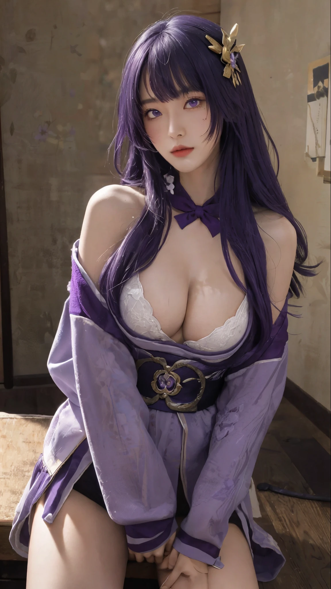 best quality,masterpiece,8k wallpaper,absurd, high resolution, Super detailed, (****ung beautiful girl, alone:1.1),alone, Thunder General, japanese clothes,  long hair, thigh, Bangs, hair accessories, breast, purple hair,pauldron, crucian, armor, purple flower, ribbon,mole under the eye, flower,island of dreams: A place to fulfill your deepest desires,Anime texture，Come on stage，Play the guitar, nsfw