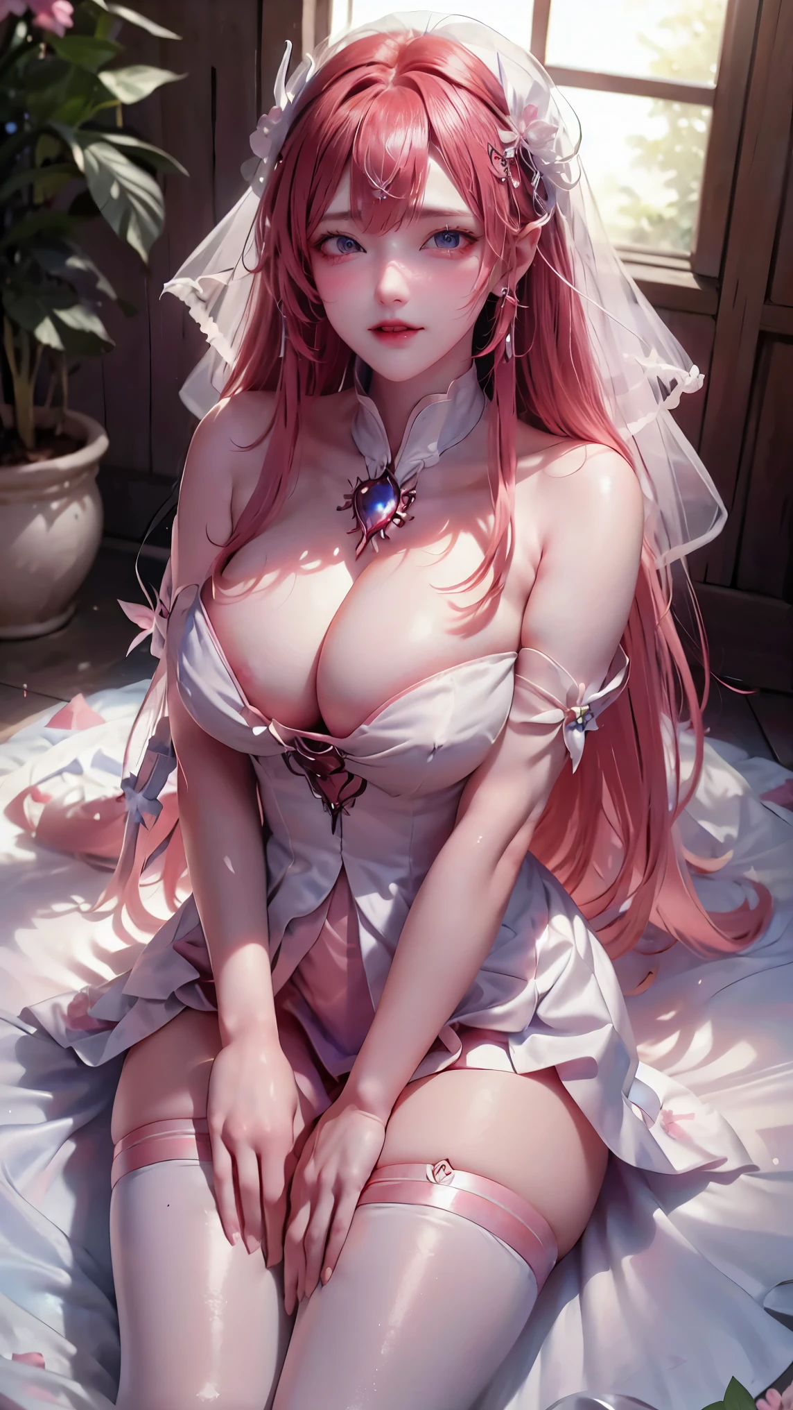 realistic, 1girl, rias gremory, red hair, white hair, Blue eyes, glowing eyes, White and pink wedding gown, Red skirt, Pink dress ,parted lips, blush, night, flowers, sun, sunlight,realistic photo,