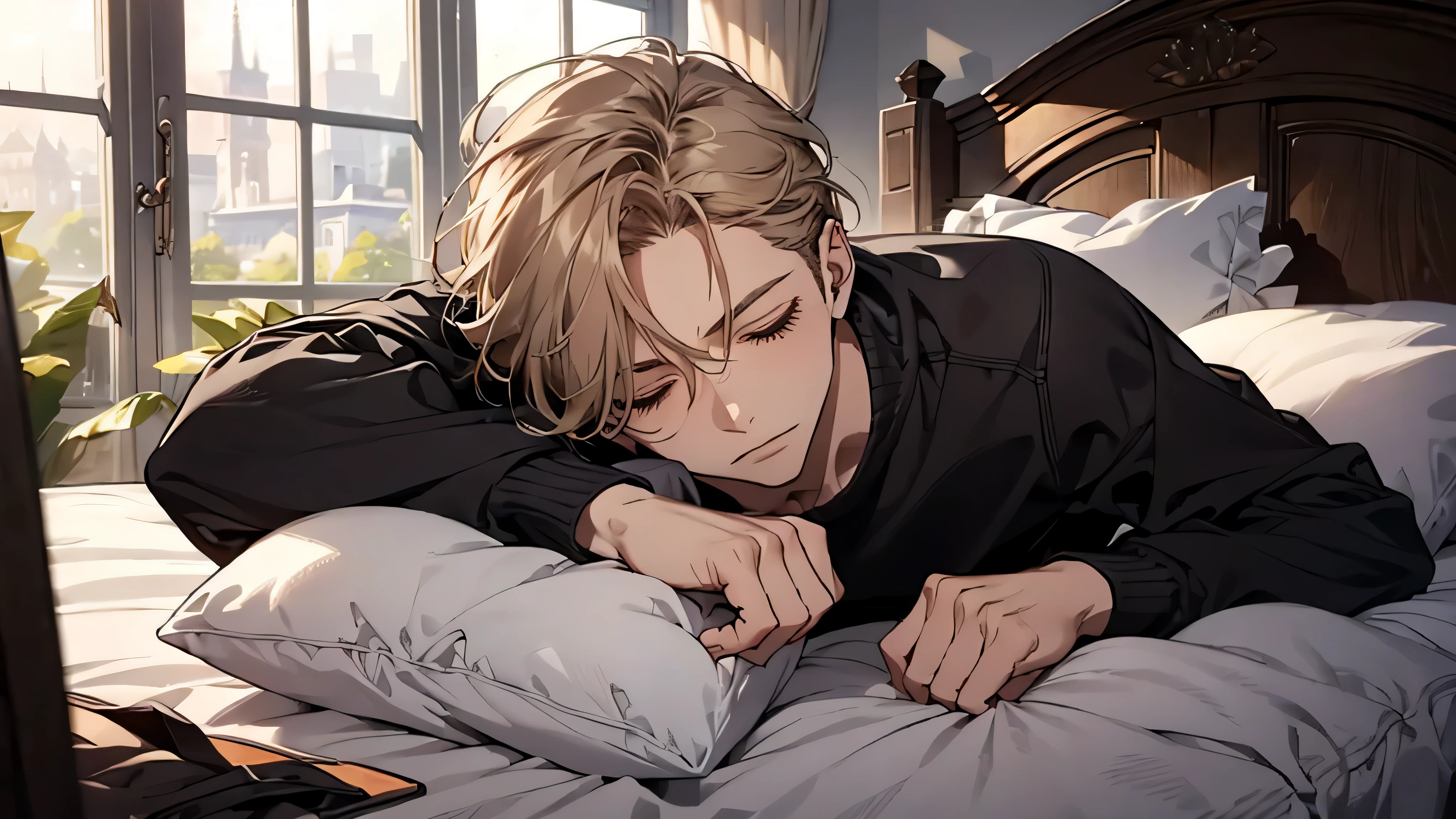 ((masterpiece,best quality)), Man sleeping in bed with eyes closed, alone, adult, amazing, Beautiful and detailed face, half shot, casual
