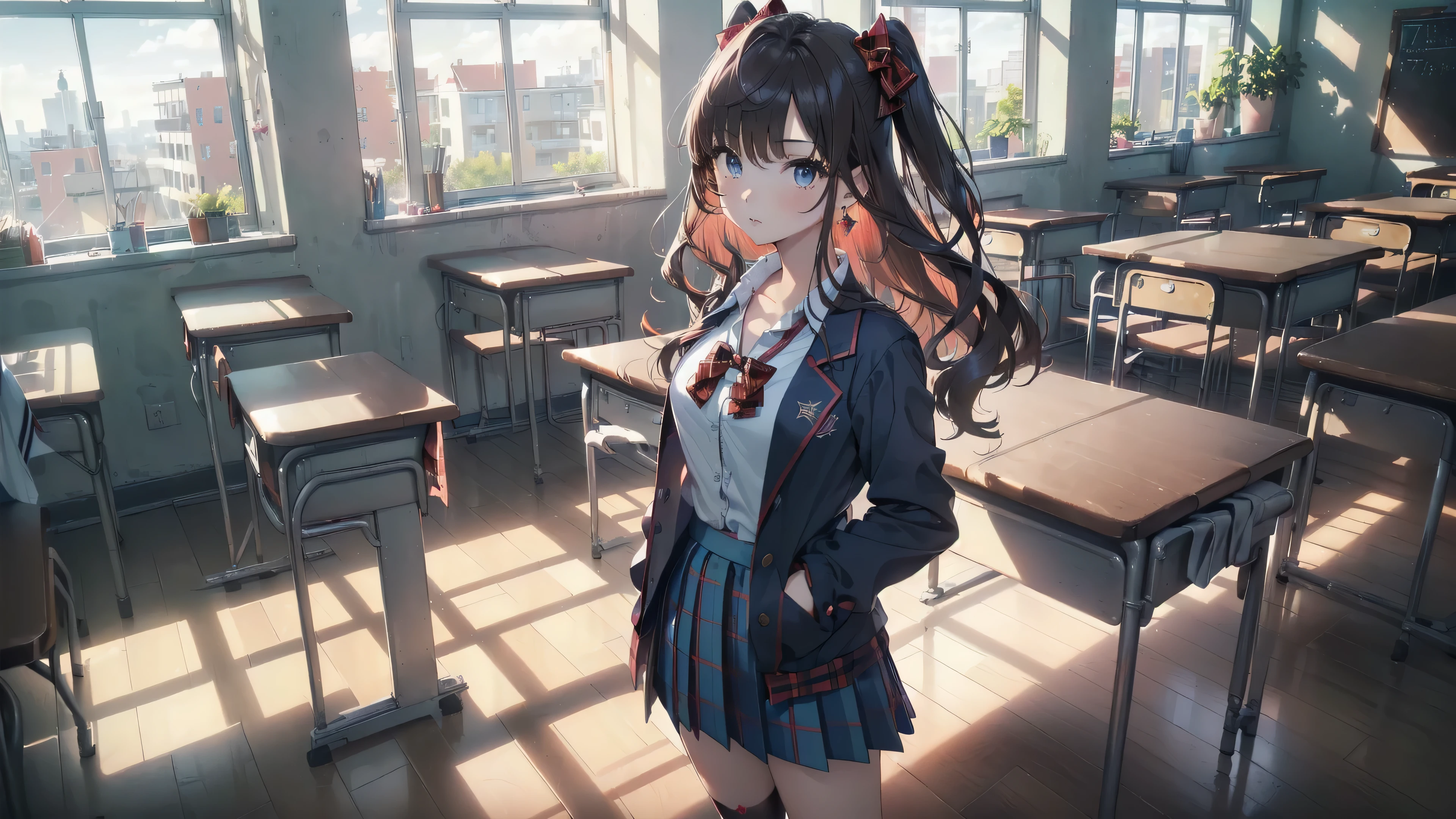 ((masterpiece)), ((Ray Traicing)), ((best quality)), ((highres)), ((realistic)), ((wallpaper)), ((Super Detailed)), ((High Quality)), ((vibrant colors)), ((soft lighting)), ((face detailed)), ((image detalied)), ((detailed classroom setting)). Ichinose shiki, idolmaster, long hair, two side up, hair bow, ahoge, medium breasts, earrings, school uniform, school scenery background, classroom (Please draw a single one girl walking in a classroom school :1.3) ((1girl)), (Solo, face,17-year-old:2.0), a high school student. Full limbs, complete fingers, ((perfect fingeredium butt, groin, perfect eyes, american blazer uniform girl ((white blouse with formal collar)), ((navy blue blazer)), ((full blue red plaid skirt)), ((skirt with red plaids)), ((red plaid bow on the blouse)) (Detailed Lighting), (Detailed background), (in the school zone), ((full body view)), ((standing)), ((legs)), uwabaki shoes. beautiful single girl (one girl), full body shot. Background is the school, front body ((walking, standing)). pretty eyelashes, make up, electric eyes, ((white socks, black school shoes))