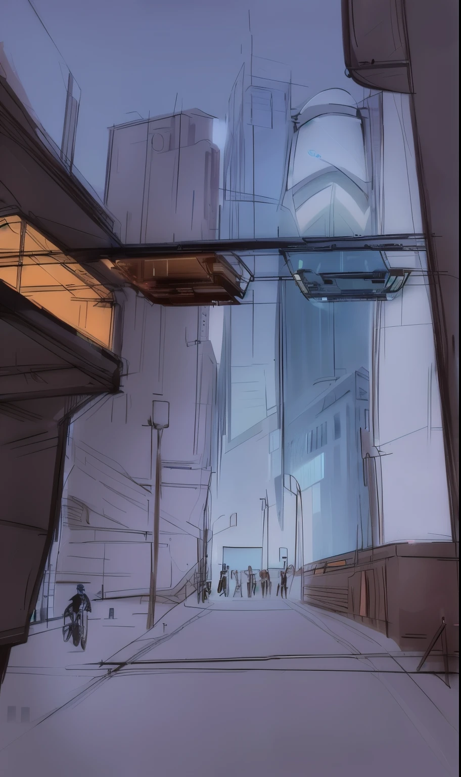 Sketch of a city street，There is a pedestrian crossing bridge, Inspired by Syd Mead, urban concept art, future city streets, futuristic street, sid mead style, in a future city, My concept art for Syd Mead, In a futuristic cyberpunk city, future concept art, futuristic digital, concept art!, In cyberpunk city, In cyberpunk city