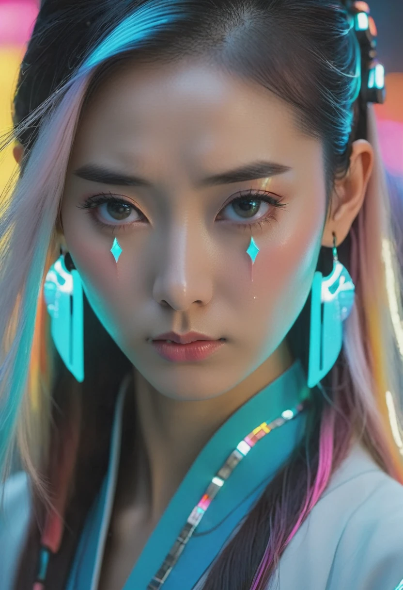 Tang suit，Chinese Hanfu，a image of a woman crying, desperat, (face focus), (tears, sad), depressed, wearing colorful robot tech, in the style of free-flowing surrealism, shiny/glossy, precise and lifelike, hard surface modeling, precisionist lines, light silver and azure, engineering/construction and design，Luminous headphones, Luminous hair accessories, long hair, Luminous earrings, glow necklace, cyberpunk,transparent clothes，rainbow colors