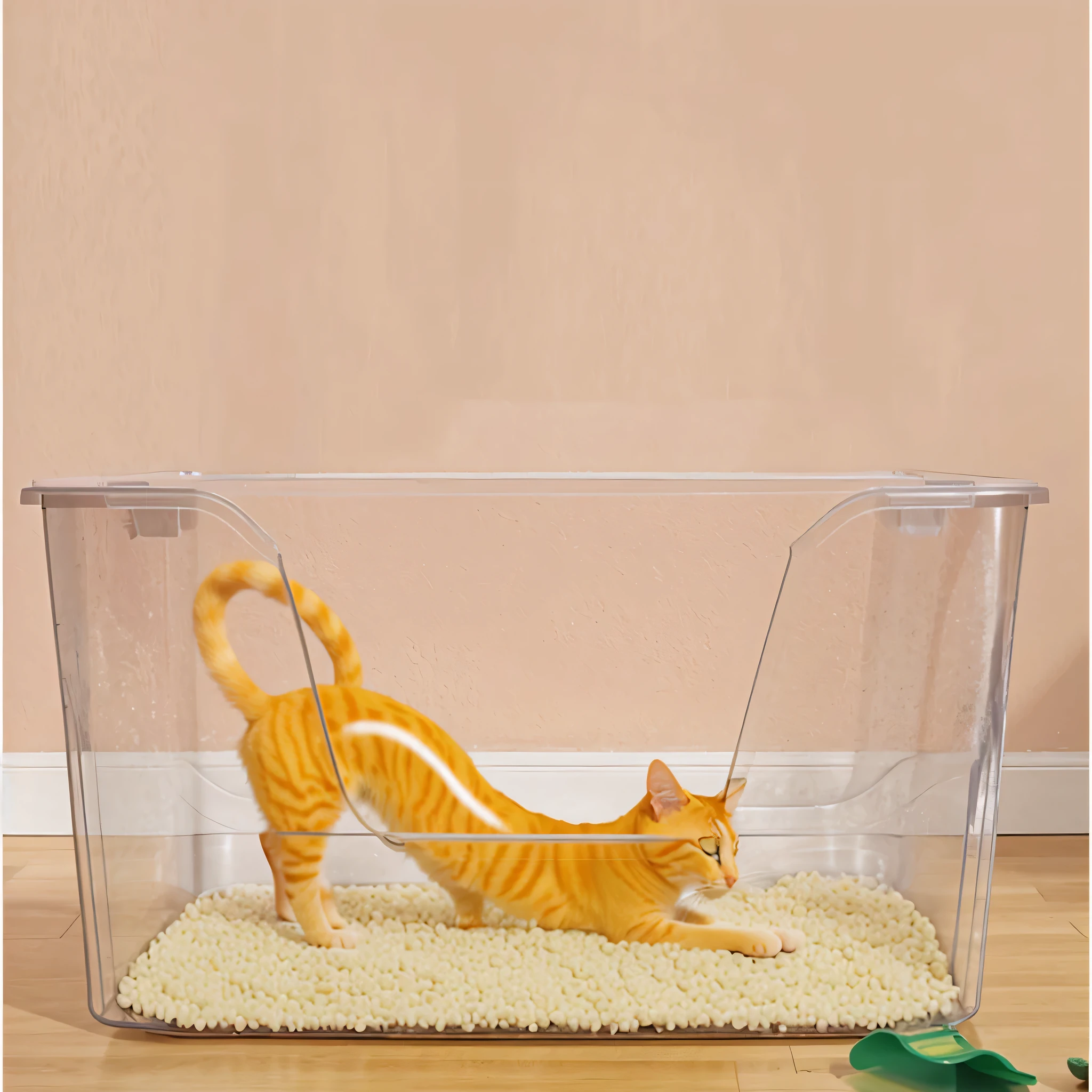 有一个plastic容器,There is a cat inside, liquid cat, Maurizio Cattelan, 由透明plastic制成, 透明的cat litter box, Karim Rashid, cat litter box,cat toilet,plastic, 闪亮的plastic, inspired by Sarah Lucas, side view,