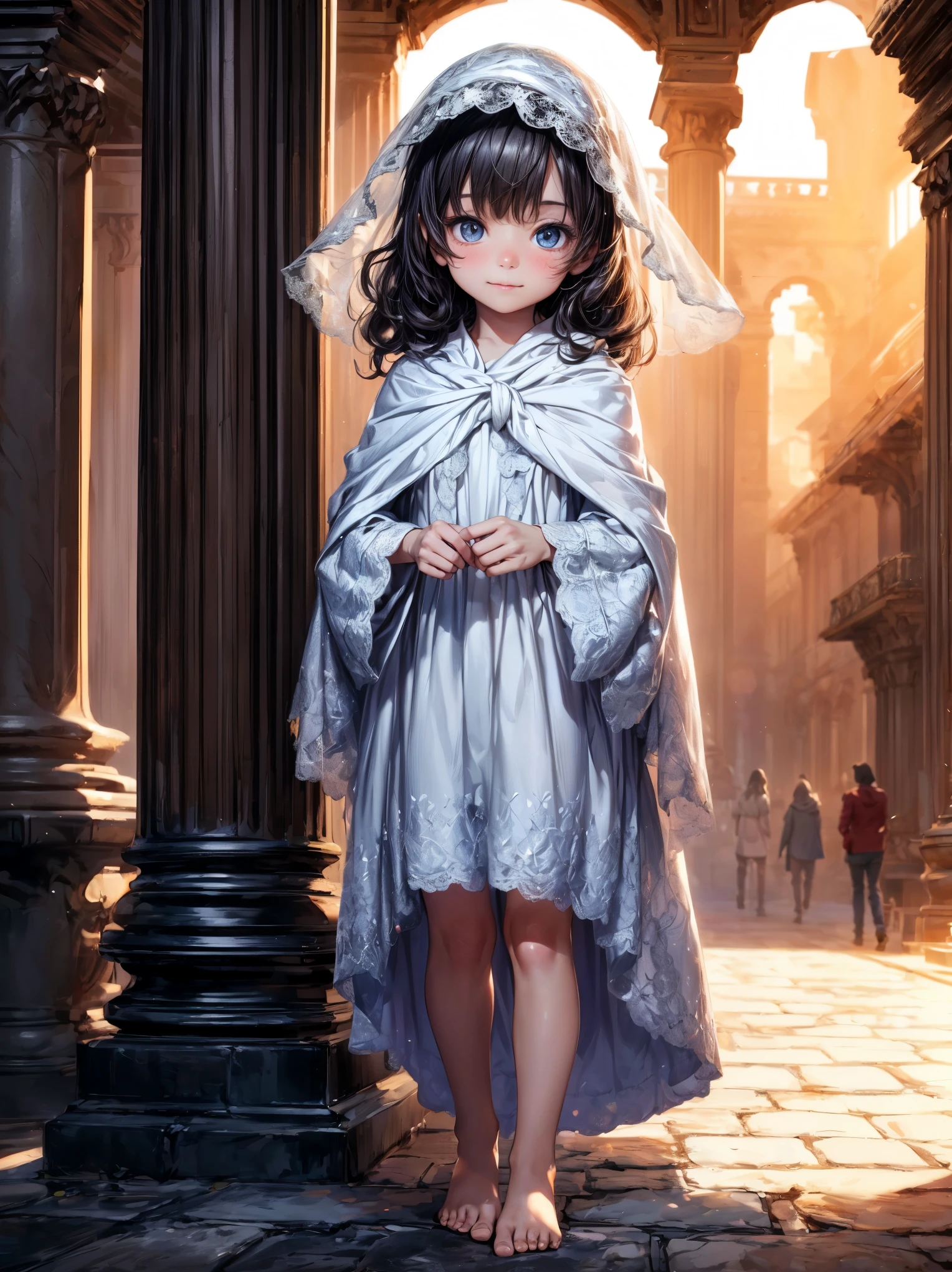 (best quality,4k,8k,highres,masterpiece:1.2),ultra-detailed,(realistic,photorealistic,photo-realistic:1.37), (solo), (boy:1.2), (A cute very little boy:1.2) wearing a white cloak and a (very long silk dress:1.1), (prince), (best wrinkle, best shadow), (bare feet), soft curly hair, sparkling eyes, (curious sparkling eyes, innocent smile, cheeks rosy with happiness), dainty silver head veil, (passing through a misty dark palace garden), (real location), In the magnificent place, bathed in warm golden sunlight, creating a dreamy and magical atmosphere.