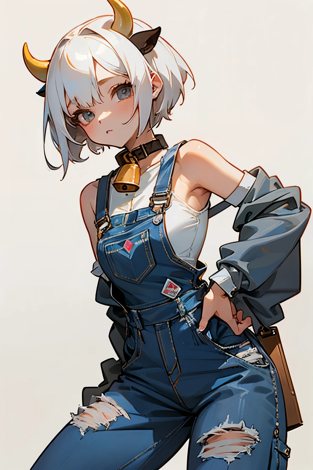 Cute girl, short white hair, exposed shoulders, cow horns, cow ears, cow collar, bell, wearing wide jeans cut off at the ankle, ((jumpsuit)), overalls only, overalls, coveralls, wears jumpsuits only, 🐄🔞