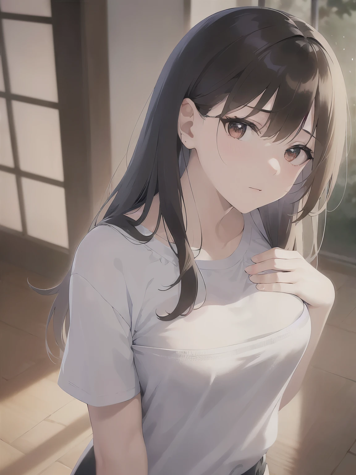 (Placing hand on chest:1.3), shooting from above、Upper Body, Realistic, real person, (pale skin: 1.2), RAW shiny skin, japanese idol、shiny hair、(25 year old woman with medium hair with bangs) and (wavy hair) and (brown hair) and (orange eyes) , (black) and (plain t-shirt) and (oversize) 、(embarrassed:1.2), The background is the living room、Alone、Are standing