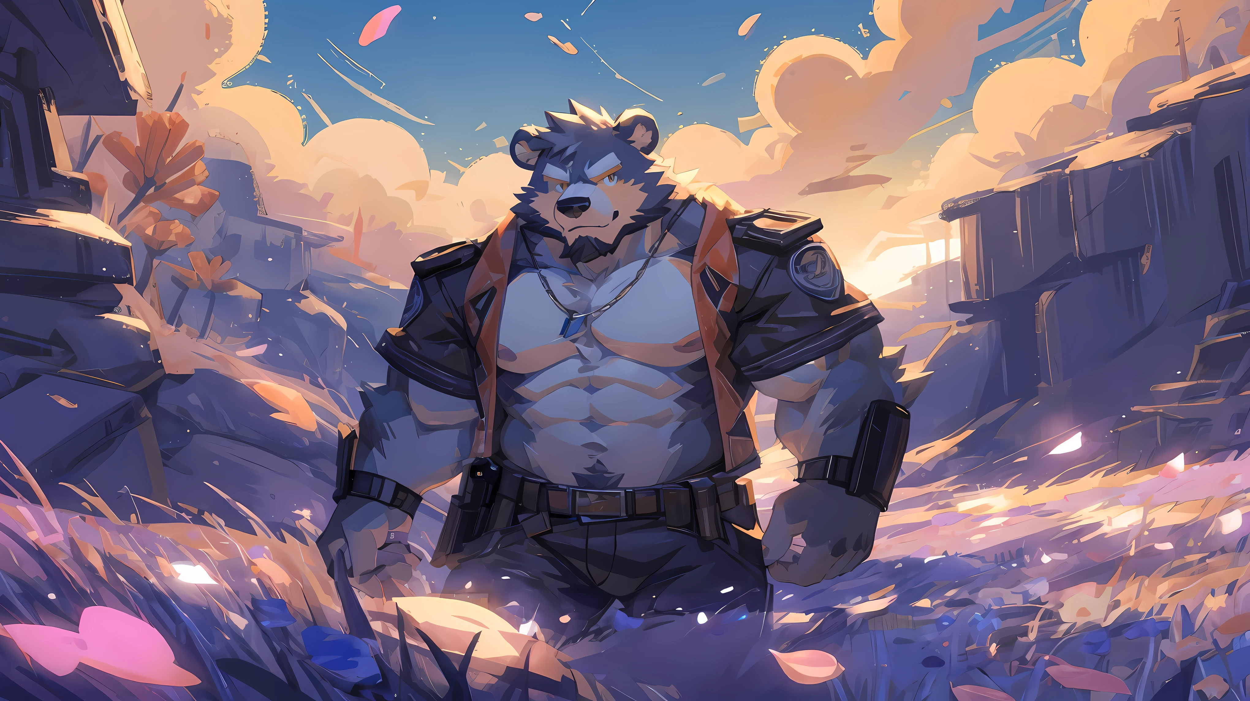 (masterpiece:1.2), best quality,pixiv,official art,(Light线追踪, Light), (Petals in the sky :1.3), (1_male:1.3), (alone:1.2) , portrait , (muscle), (gray fur:1.4), (muscle bear), (bear tail), (beard:1.2), (闪闪发Light的金色眼睛), thick eyebrows, open hoodie, naked inside, cargo shorts , Salar de Uyuni ,reflection, looking at the audience, whole body ,Ocean滩 , Ocean , 陽Light明媚
