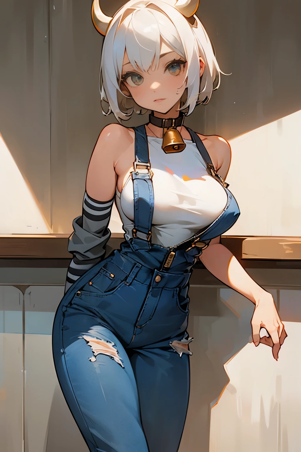 Cute girl, short white hair, exposed shoulders, medium-sized and tempting breasts, cow horns, cow ears, cow collar, bell, wearing wide jeans cut off at the ankle, ((jumpsuit)), overalls only, overalls, coveralls, wears jumpsuits only, 🐄🔞