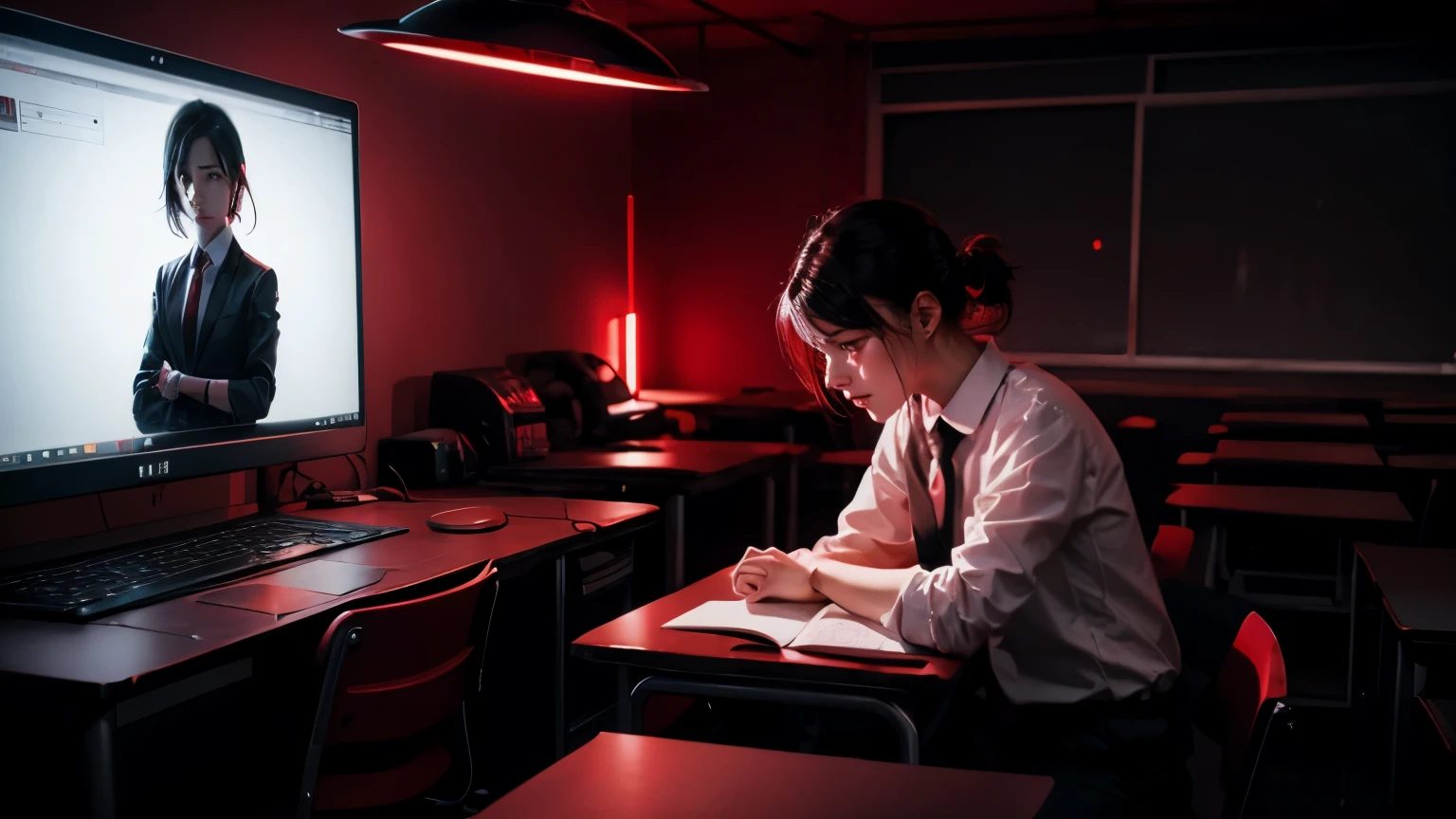 with white shirt, black necktie, learning, do home work, laptop, theory, class room, student, Scifi, Dark fantasy style, Red neon, dark tone, hardware, robot, red hologram