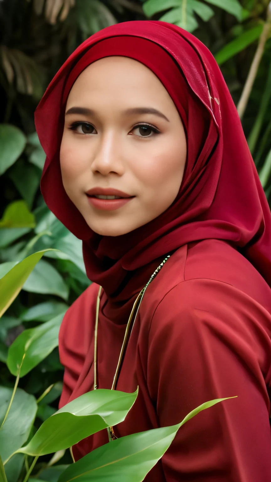 close-up portrait of a beautiful woman with red hijab, crouching pose in a jungle river, sunny day, pov from above, wearing red dress, tight, pear body shaped, reeds, (backlight), realistic, masterpiece, high quality, lens reflection, shadow, flower, [[chromatic aberration]], by Jeremy Lipking, by Antonio J. Manzanedo,