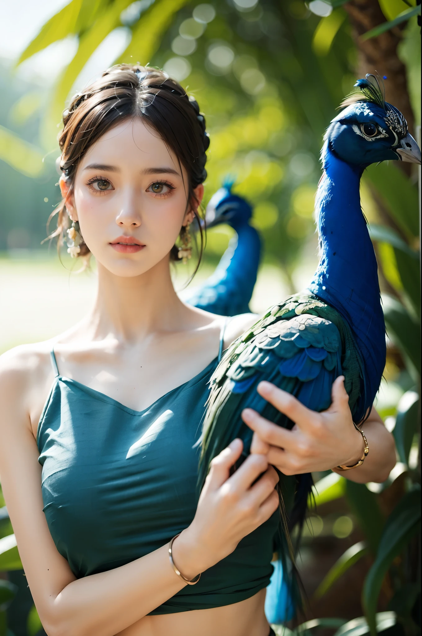 (masterpiece, best quality:1.2),1girl, bare shoulders, black hair, blurry background, bracelet, breasts, brown eyes, collarbone, depth of field, earrings, strapless dress,peacock,Metal Bracelet ,Peacock standing on its arm,Chinese Dai ethnic clothing, eyelashes, hair ornament, jewelry, lens flare, lips, looking at viewer, midriff, realistic, solo, upper body