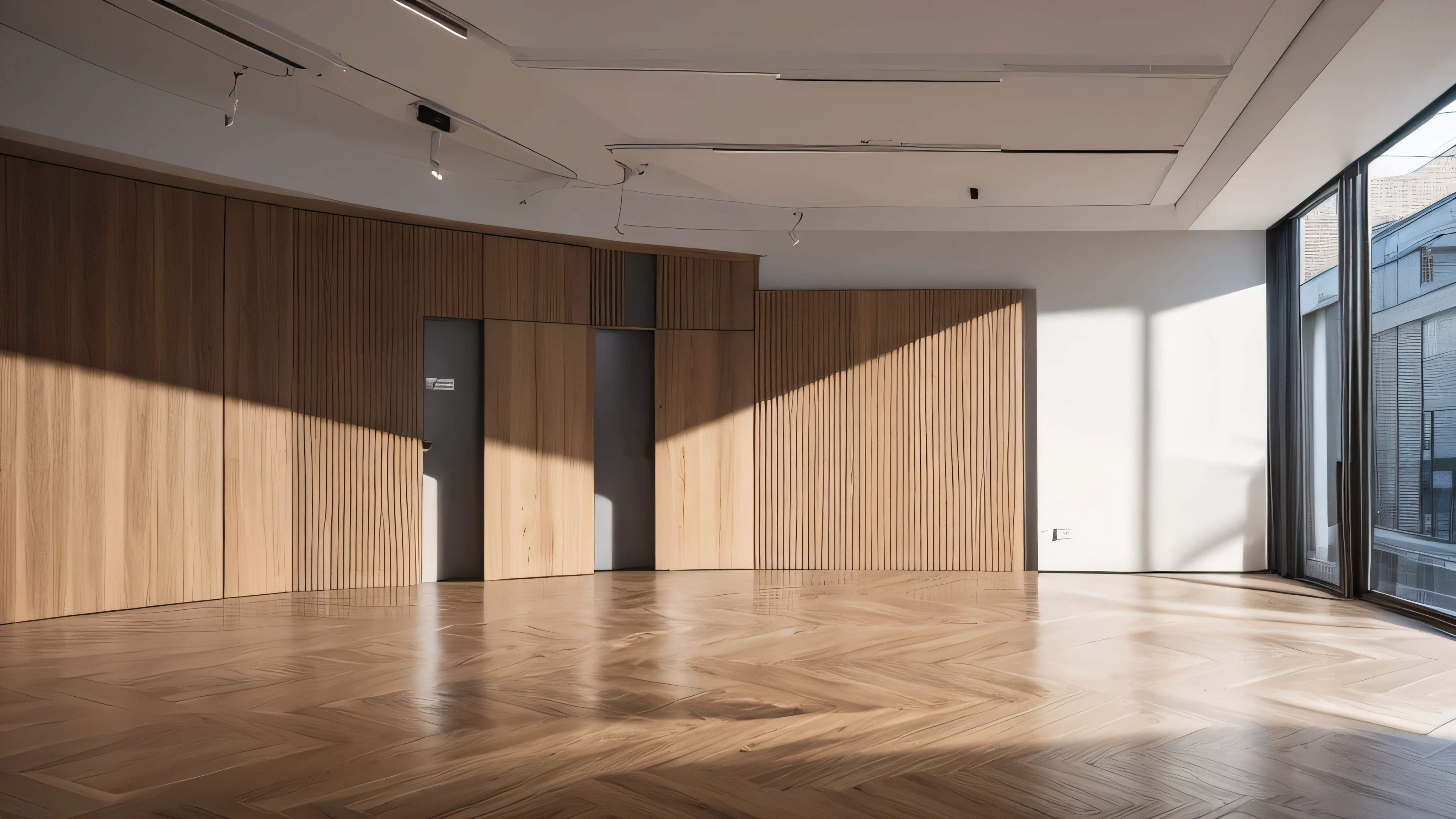 surreal scene,4K,Bright activity room in school,empty room,There are no tables or chairs on the floor,Wood color style,Cabinets on the back wall,Has a large display,high angle view,Ultra wide angle focal length,warm light,No outdoor window lights