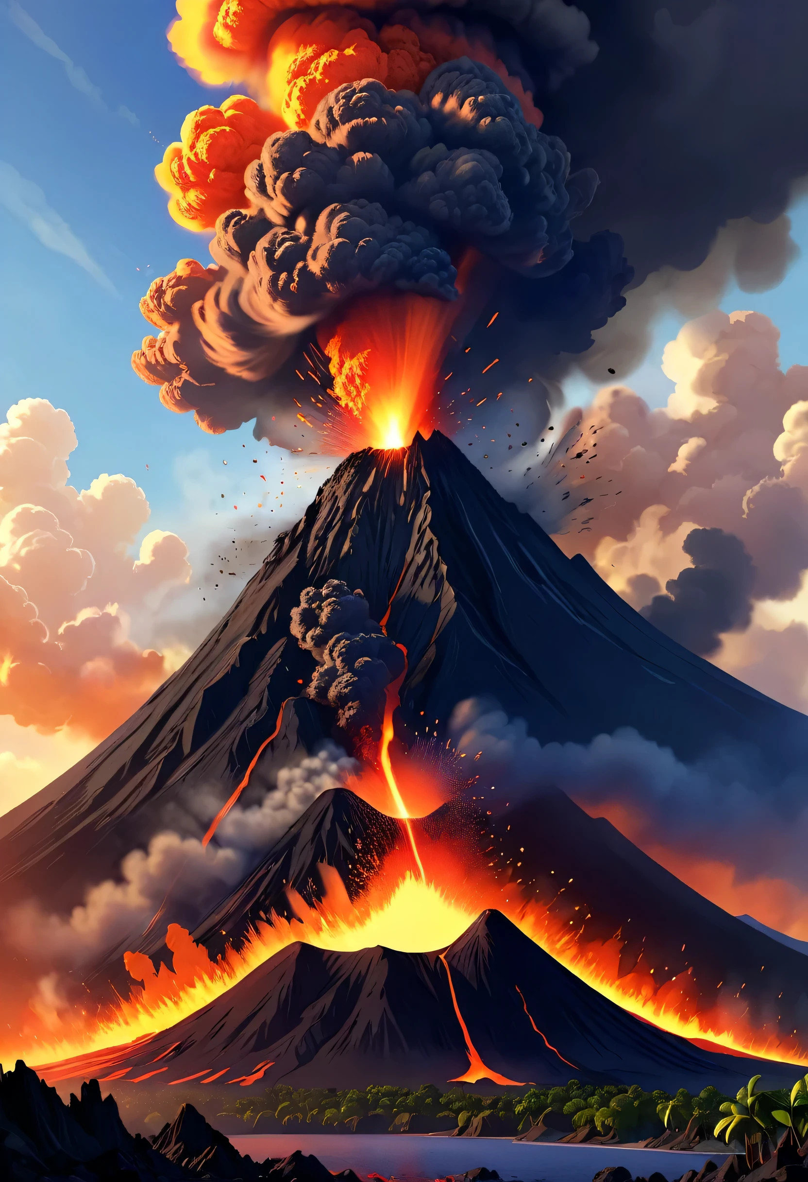A volcano, volcano exploding, Fire rushed into the sky, cartoon, Pixar, masterpiece