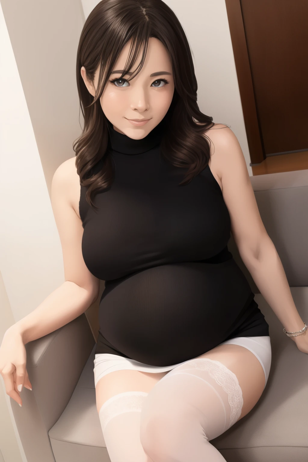 japanese mature, (Solo), 25 years old, (Wrinkles at the corners of the eyes:1.2), Large breasts, (huge pregnant), long hair, A MILF, glamor, A sexy, Chromo-white skin, Looking at Viewer、Super large udder、Wearing a sleeveless turtleneck knit、Tight Fit Knitted Dresseuchimuchi、Black pantyhose、high-heels、ssmile、Public places、legs crossed