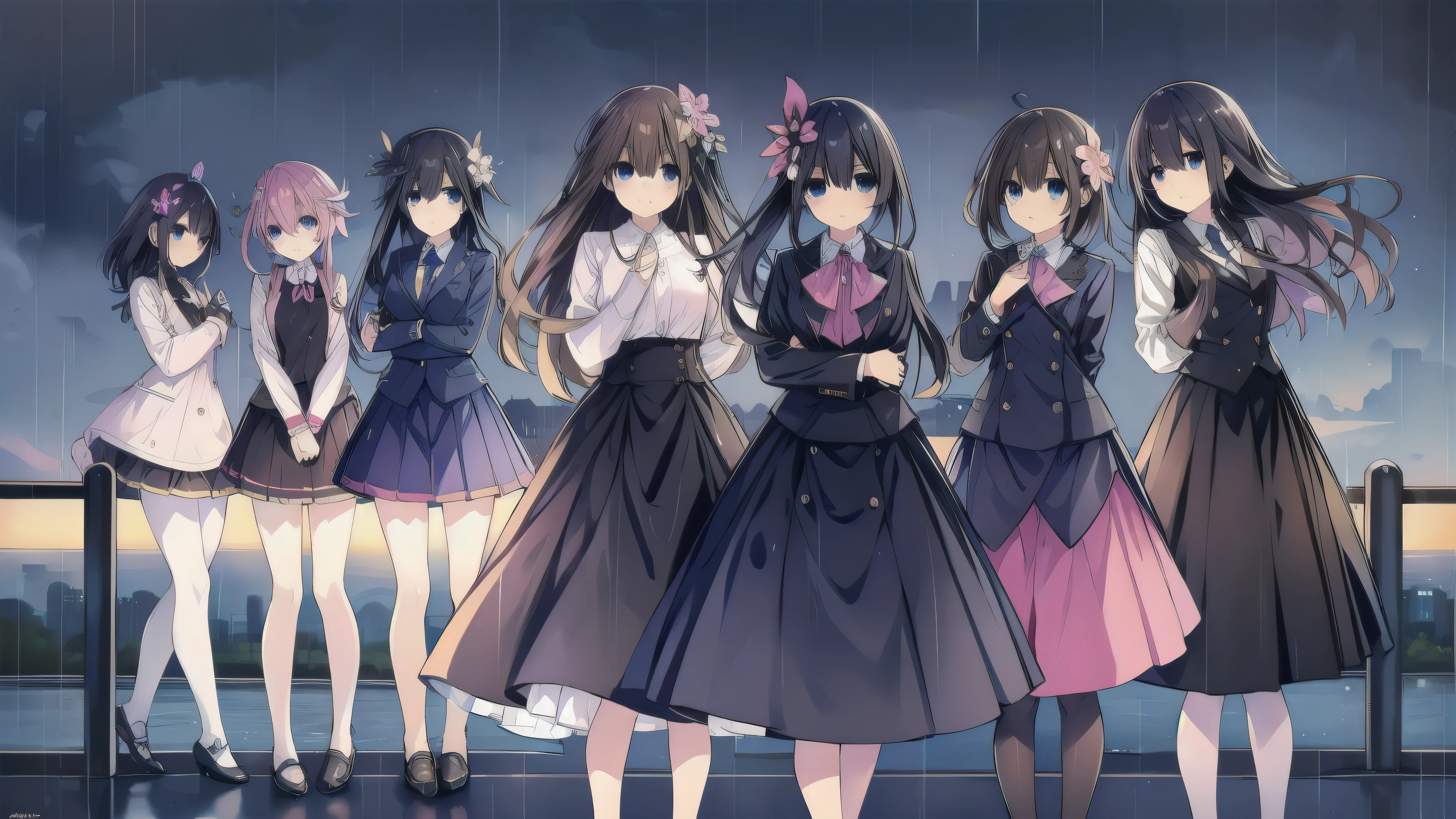 two anime characters are standing at a crosswalk in the rain in anime styled clothing, bow, parted lips, armor, blush, multiple girl, blue eyes, flower, outdoor, long hair, skirt, hair flower, pink flower, rain, hair ornaments, shirt, Helmet, bangs, black skirt, brown hair, white shirt, collared shirt, 6+girl, pleated skirt, profile, hair between eyes
