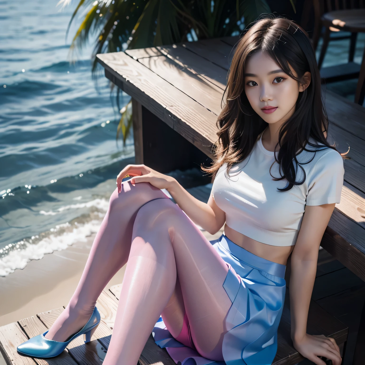 (whole body:1.5)，(1 girl:1.3:smile),(show viewer:1.4)，(correct anatomy:1.3),(Sitting in the sea:1.2),(pink and blue elastic skirt :1.2),((pantyhose):1.3),( The girl pointed out the thick heels :1.1)，(accurate and perfect face:1.3),hyper hd, ray tracing, reflected light， structurally correct, award-winning, high detail, Brighten the contrast of shadows, face lighting ，cinematic lighting, table top, Super detailed, high quality, high detail, 最high quality, 16k，high contrast,