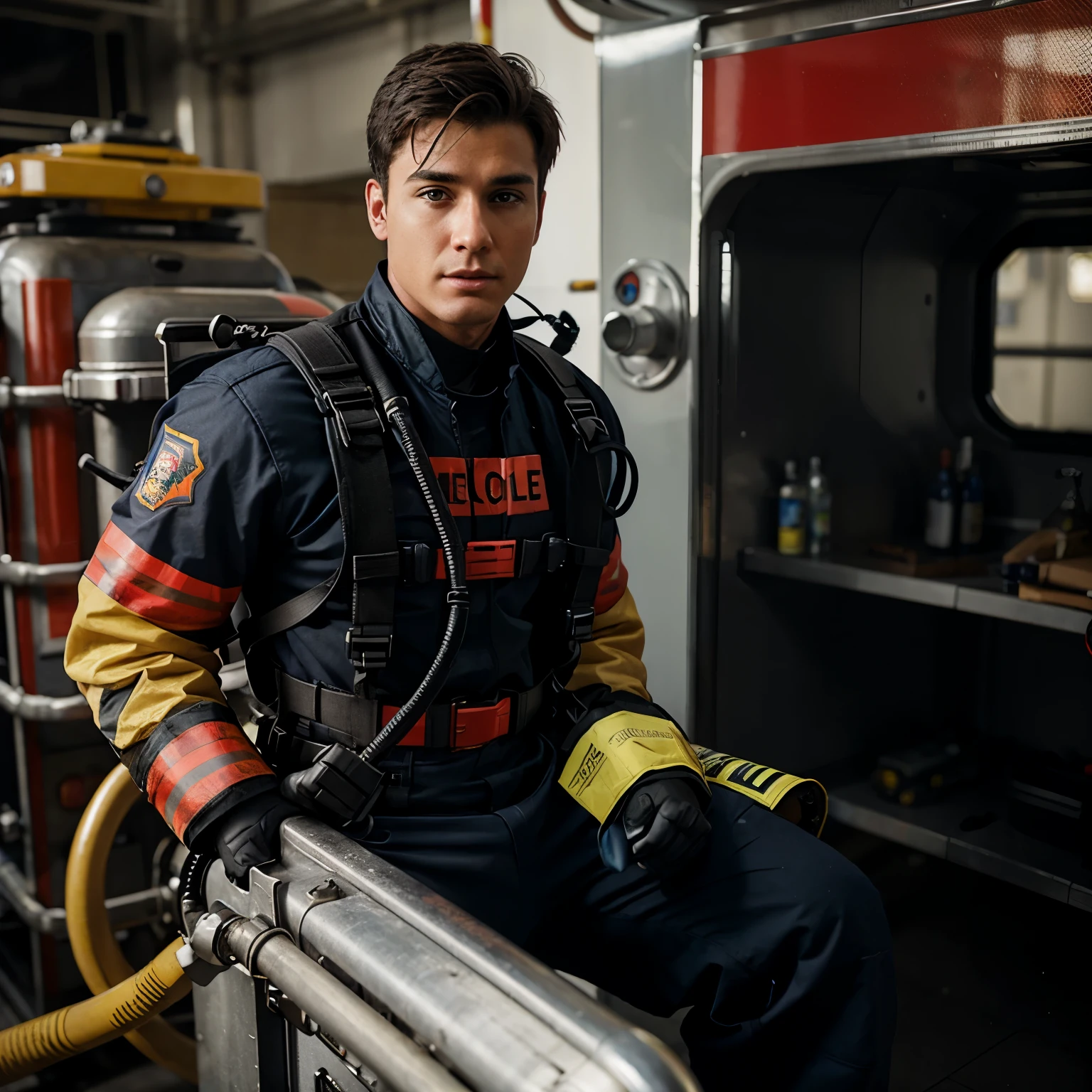 Realistic Artificial Intelligence boy firefighter with jetpack