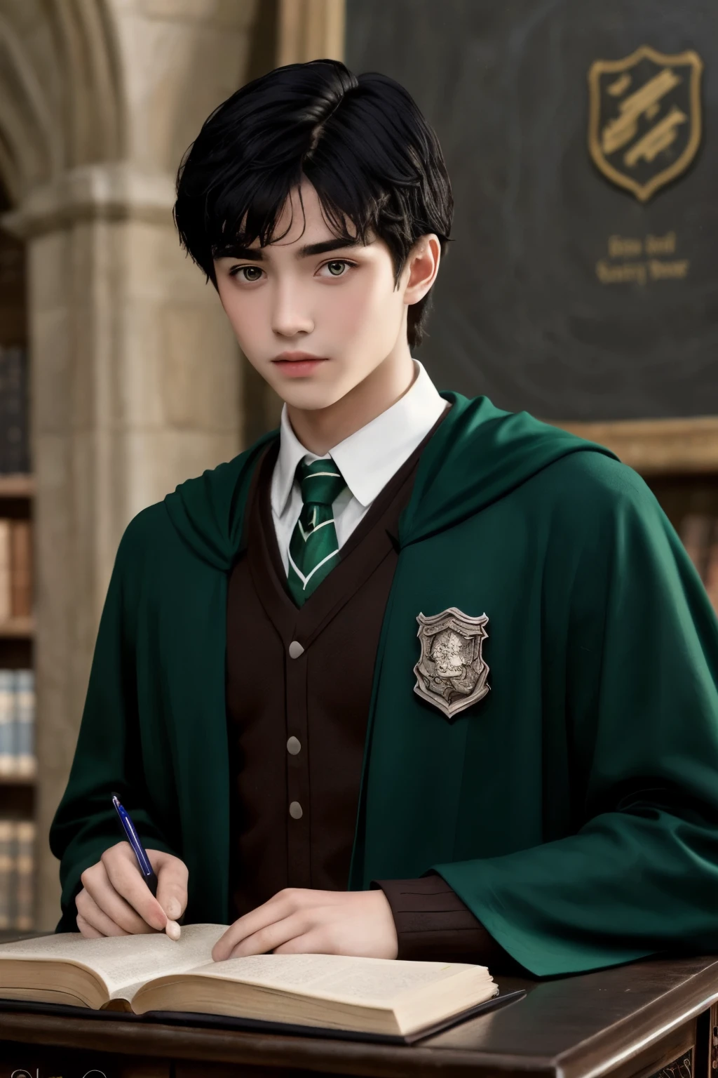 A Boy A black-haired character like the half-browning deep sea with Green eyes from , Fashion, Pretty, Smart character, Hogwarts, Witchcraft, 1983, Slytherin,