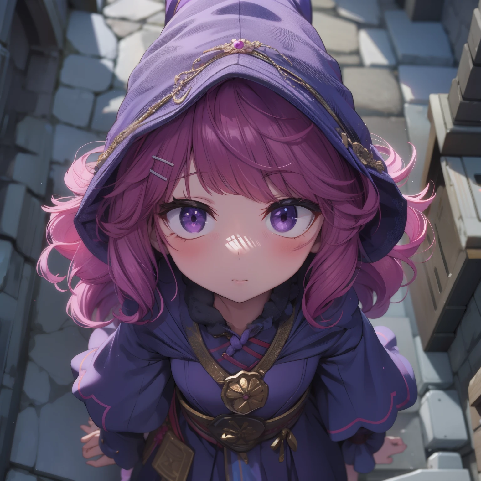 紫色头发的girl,Wearing a purple hat and purple skirt,cartoon,girl,witch,pink hair,purple clothes,Purple magic hat,big eyes,cute,castle,moon,purple magic robe,whole body,Wand in hand,castle,village